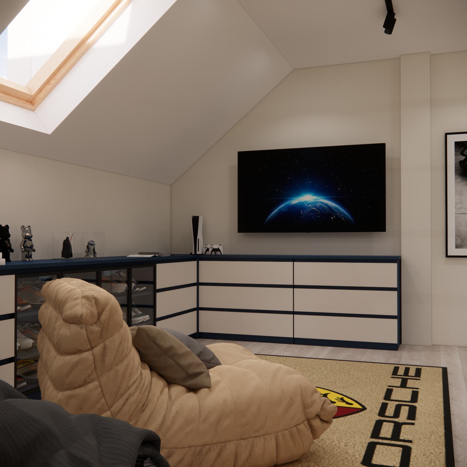 Attic relaxation area with a beige lounge chair, television and low cabinetry beneath a roof window