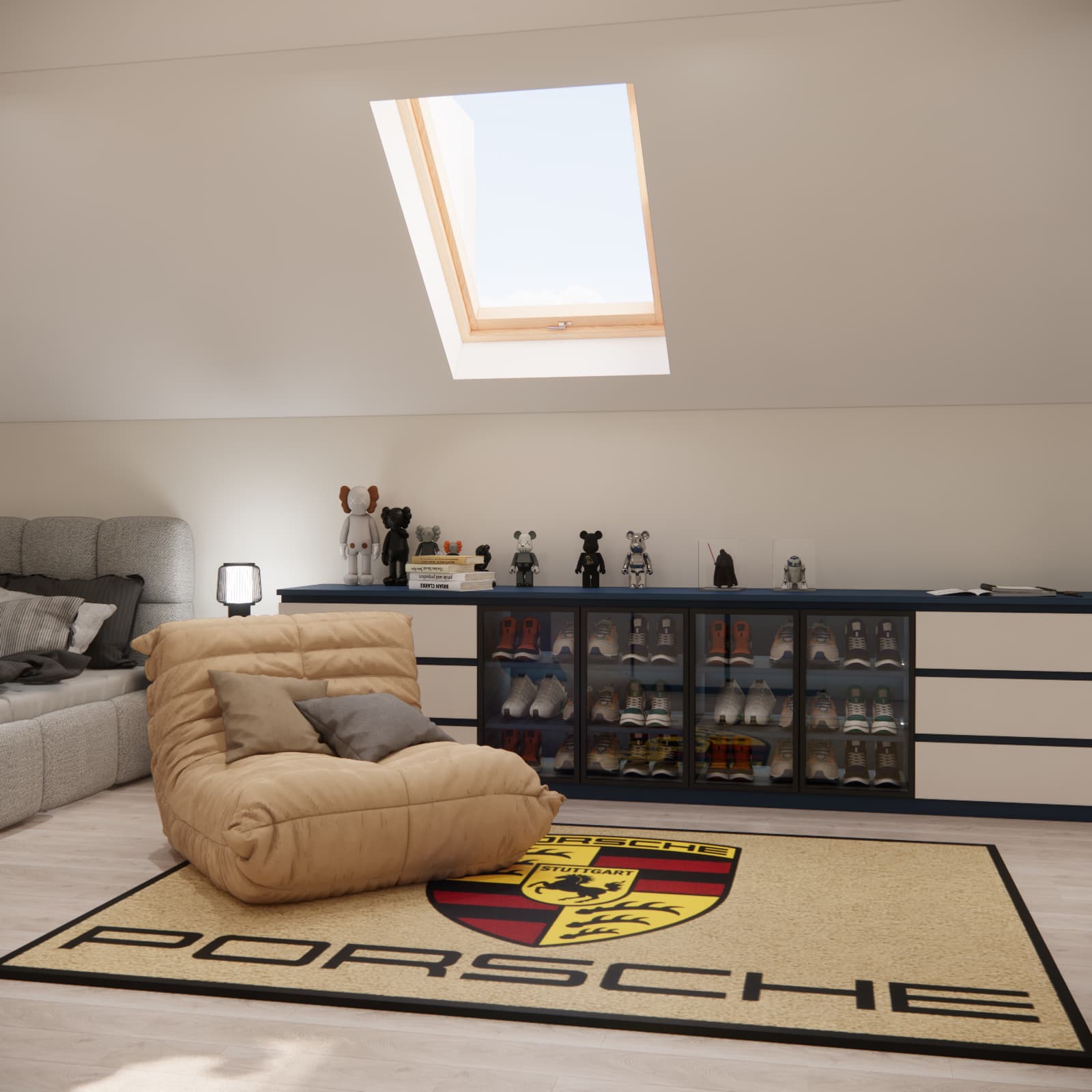 Low cabinetry beneath a sloping ceiling with glass-fronted shoe display cabinets and figurines on top