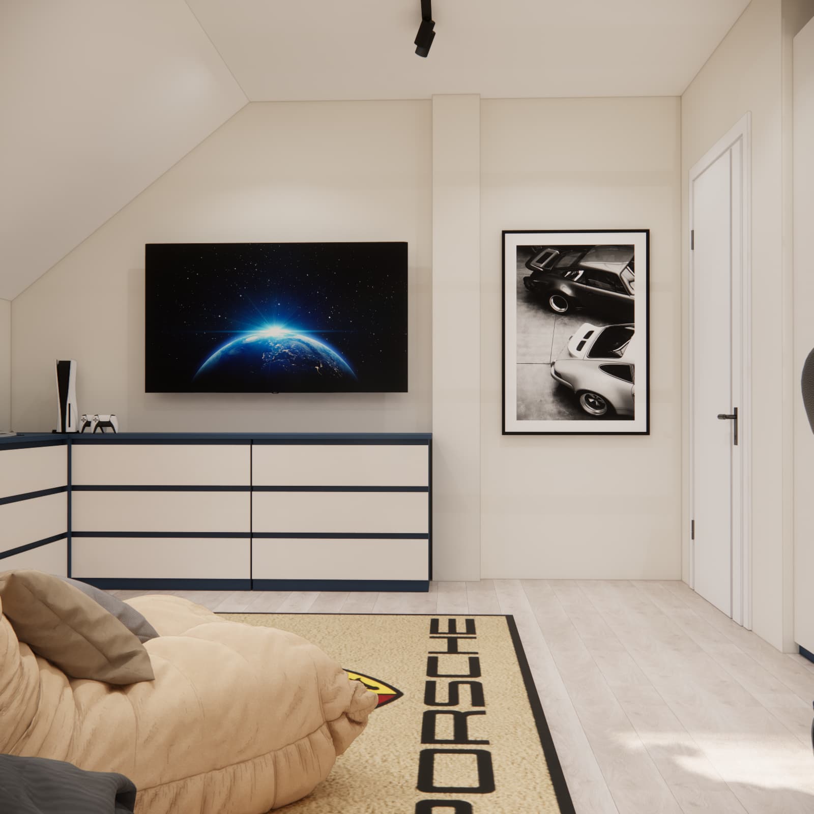 Television above a light-coloured chest of drawers with dark framing and an automotive print beside the door