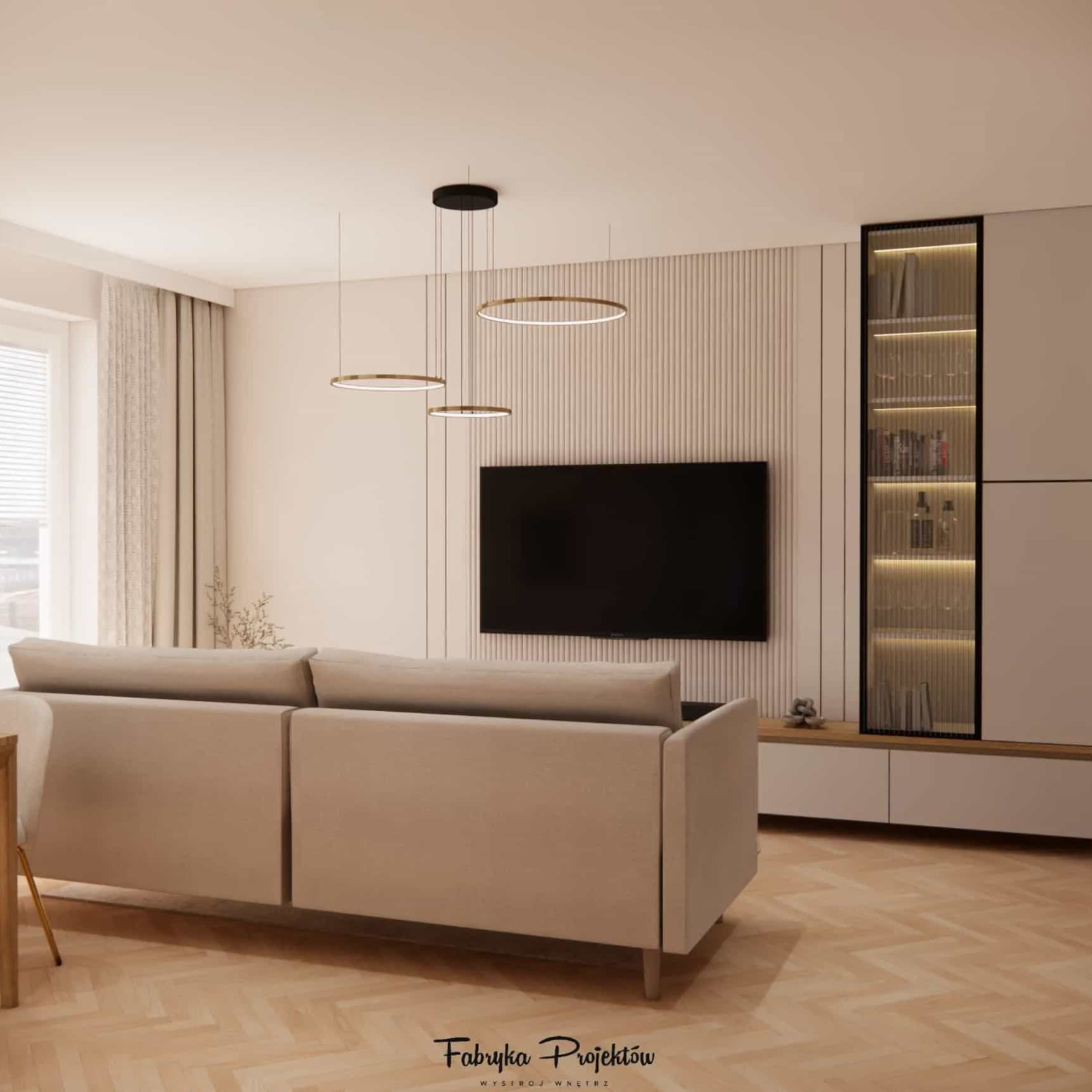 Jasna kolorystyka w salonie z kuchnią 20–25m2