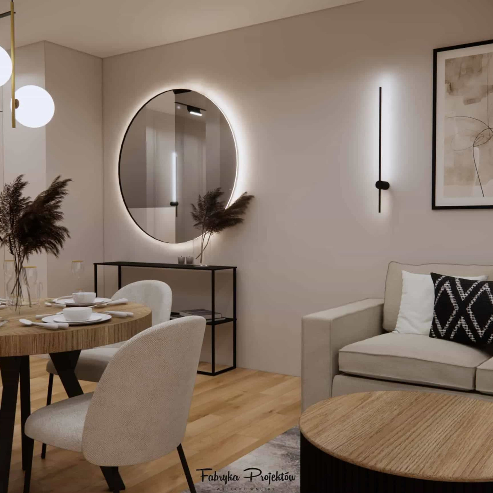 Oświetlenie w małym salonie z kuchnią 20–25m2