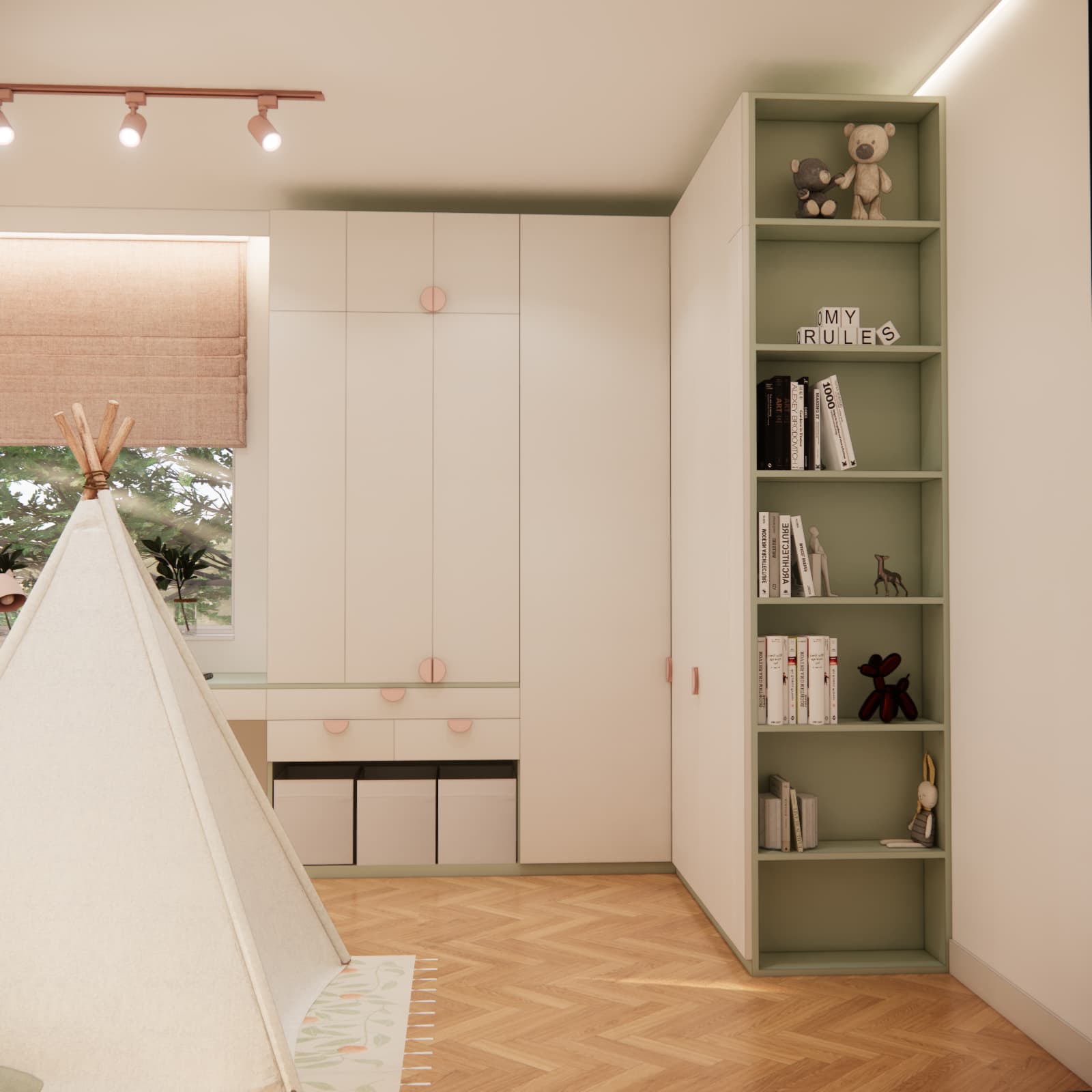 White wardrobes, sage green shelving and pink accessories in Iga’s bedroom in Poznań