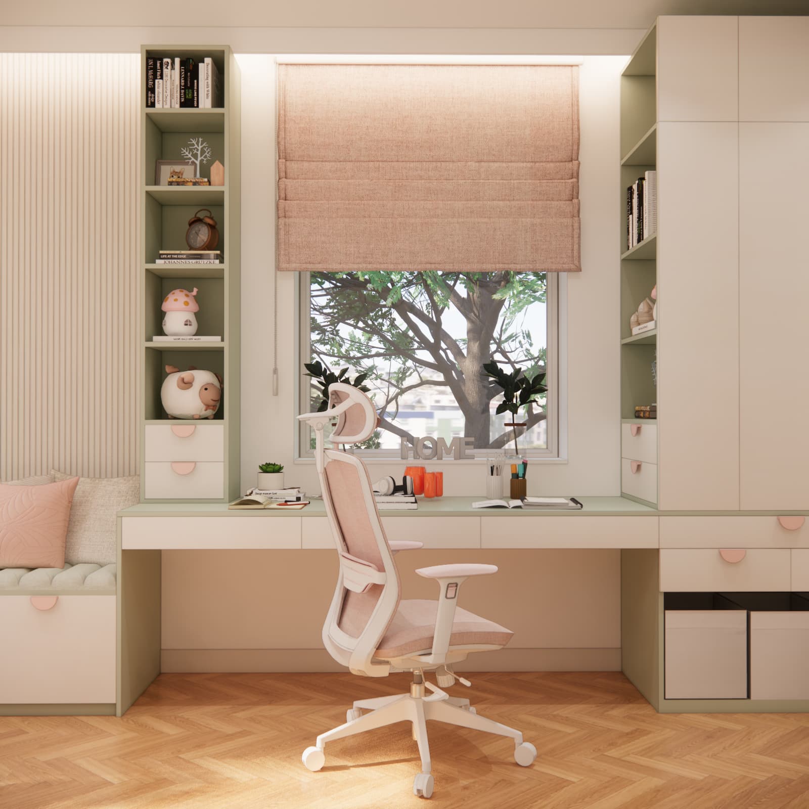 Desk, tall cabinets and a pink chair in a six-year-old girl’s 17 m² bedroom