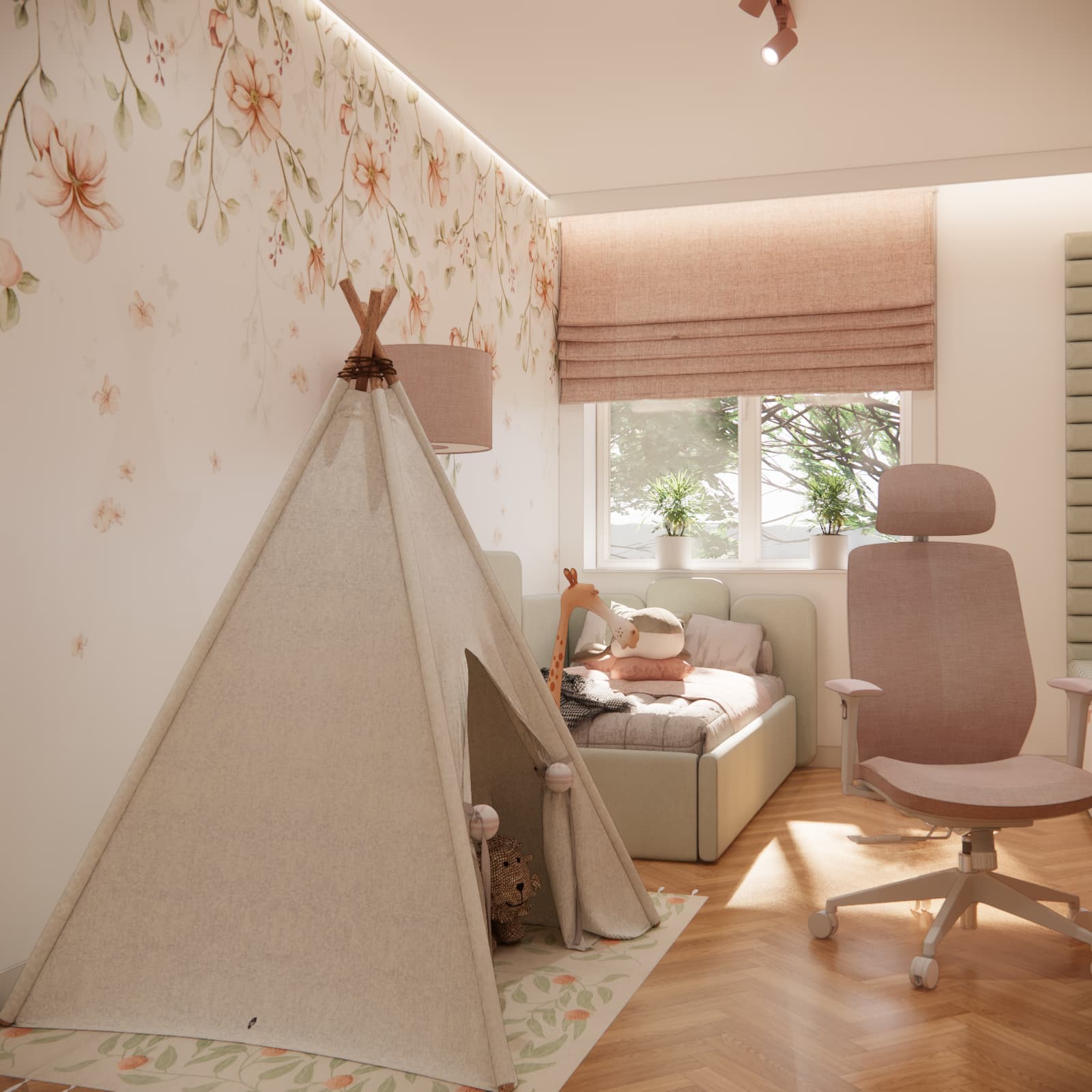 Light-coloured teepee tent beside a floral wall in six-year-old Iga’s bedroom