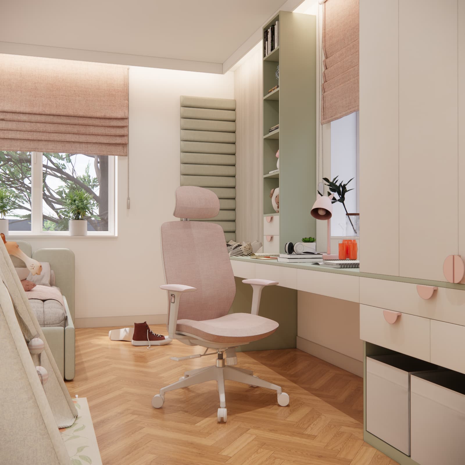 Bedroom design for 6-year-old Iga with a teepee, desk and bed in sage green, white and pink