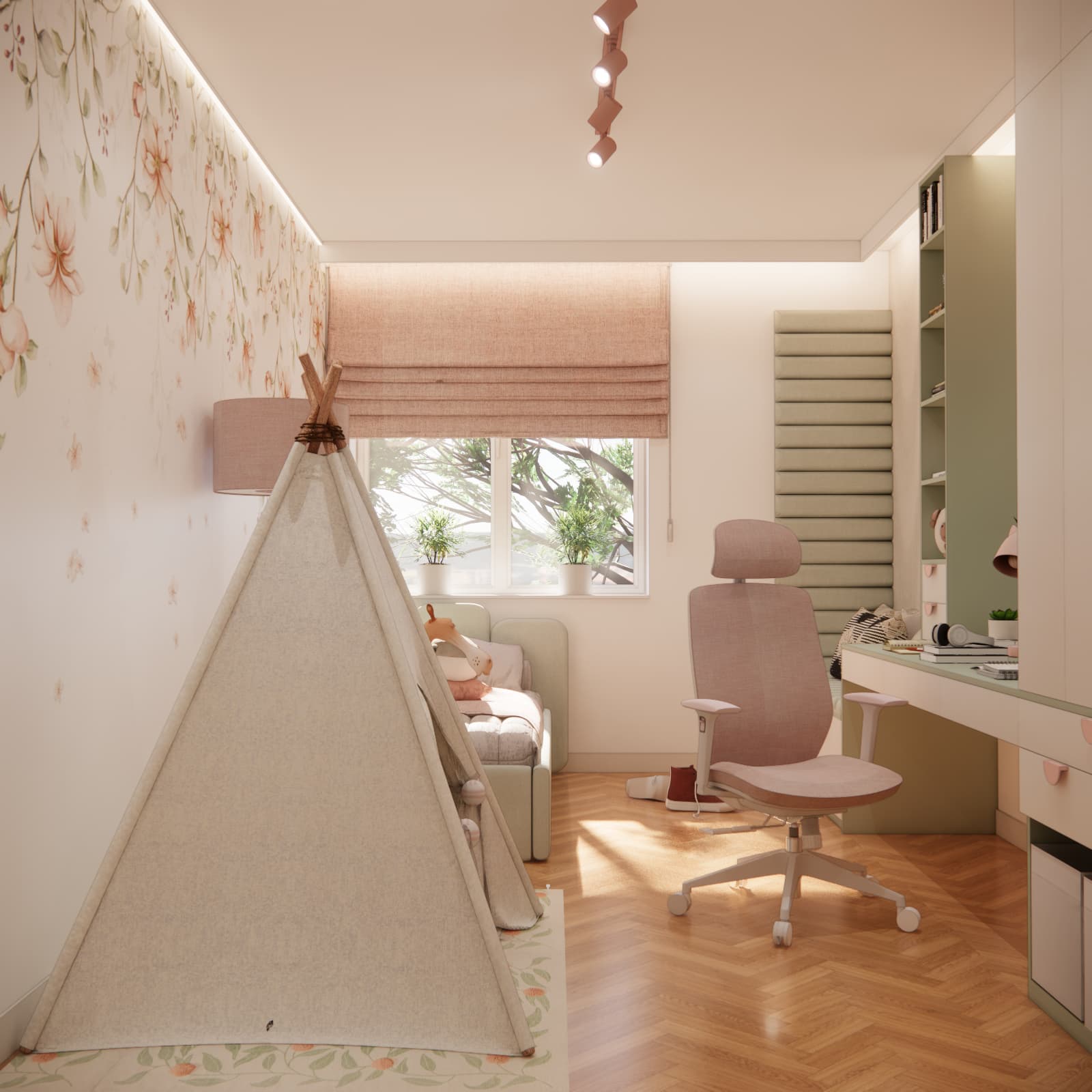 Pink ceiling spotlights, a floral wall and a teepee in a girl’s bedroom