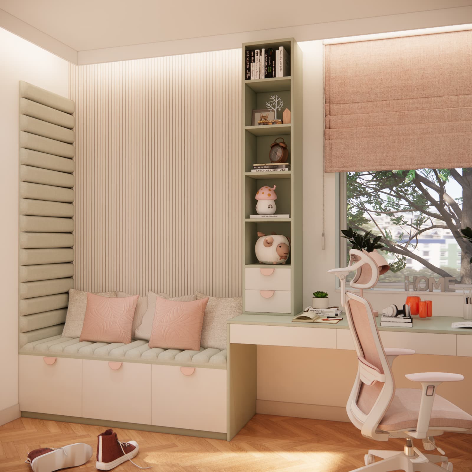 Bench seat with pink cushions and cabinets underneath beside the desk