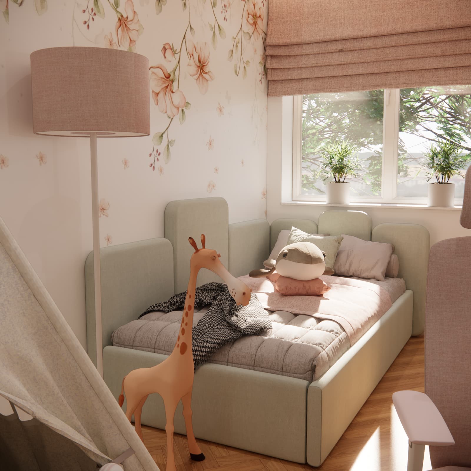 Sage green upholstered bed against a floral wall with a pink floor lamp