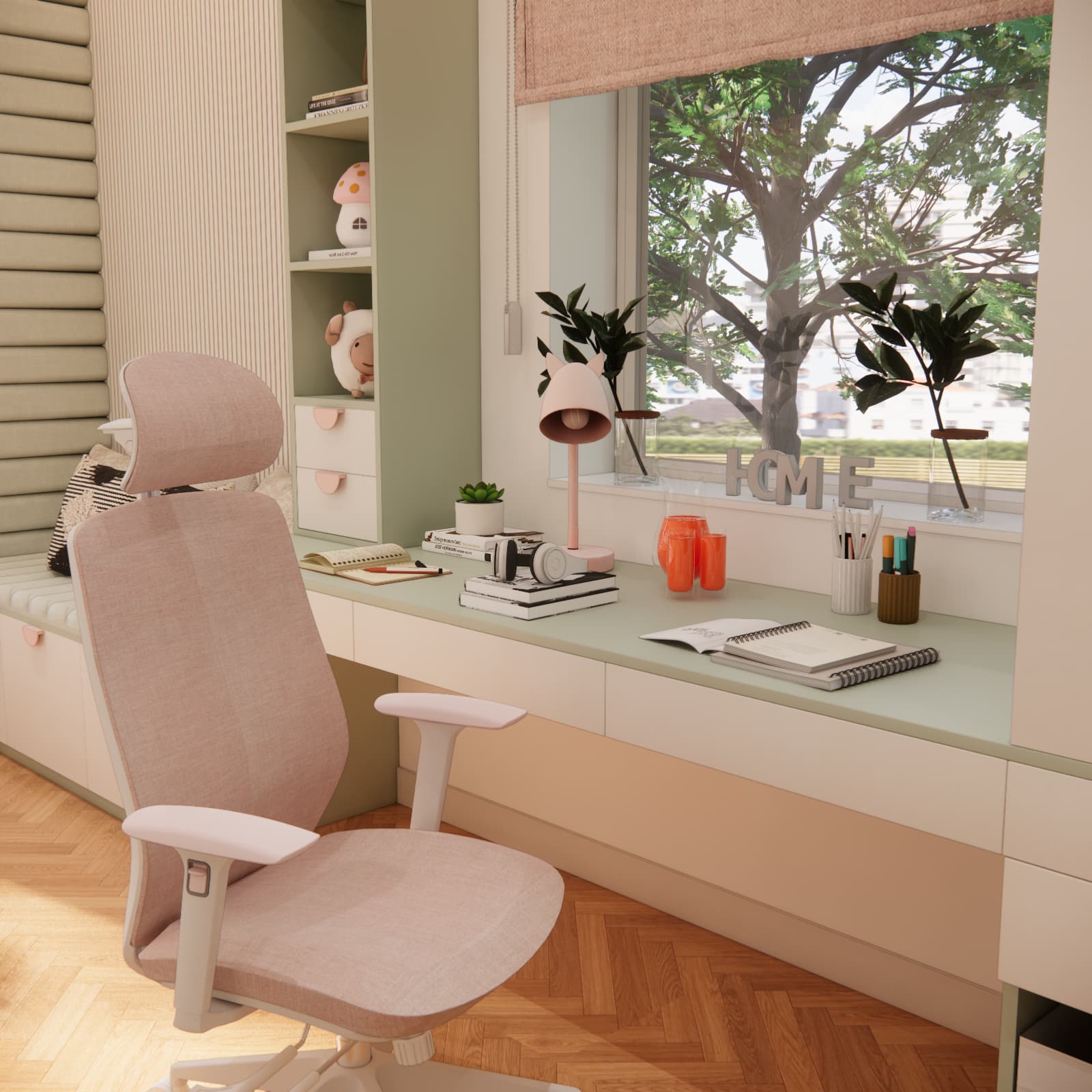 Sage green desktop beneath the window with a pink lamp and chair in a girl’s bedroom