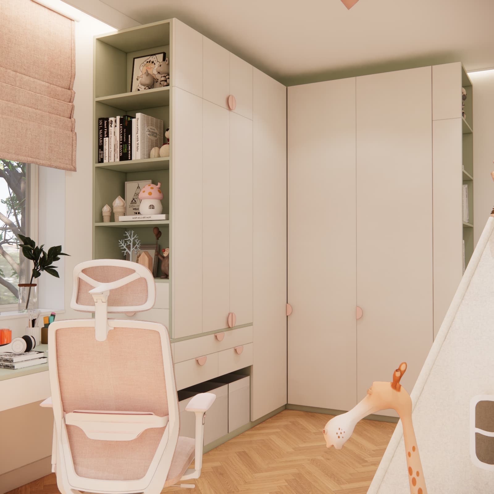 Tall white wardrobe and sage green shelving beside the desk in a child’s bedroom