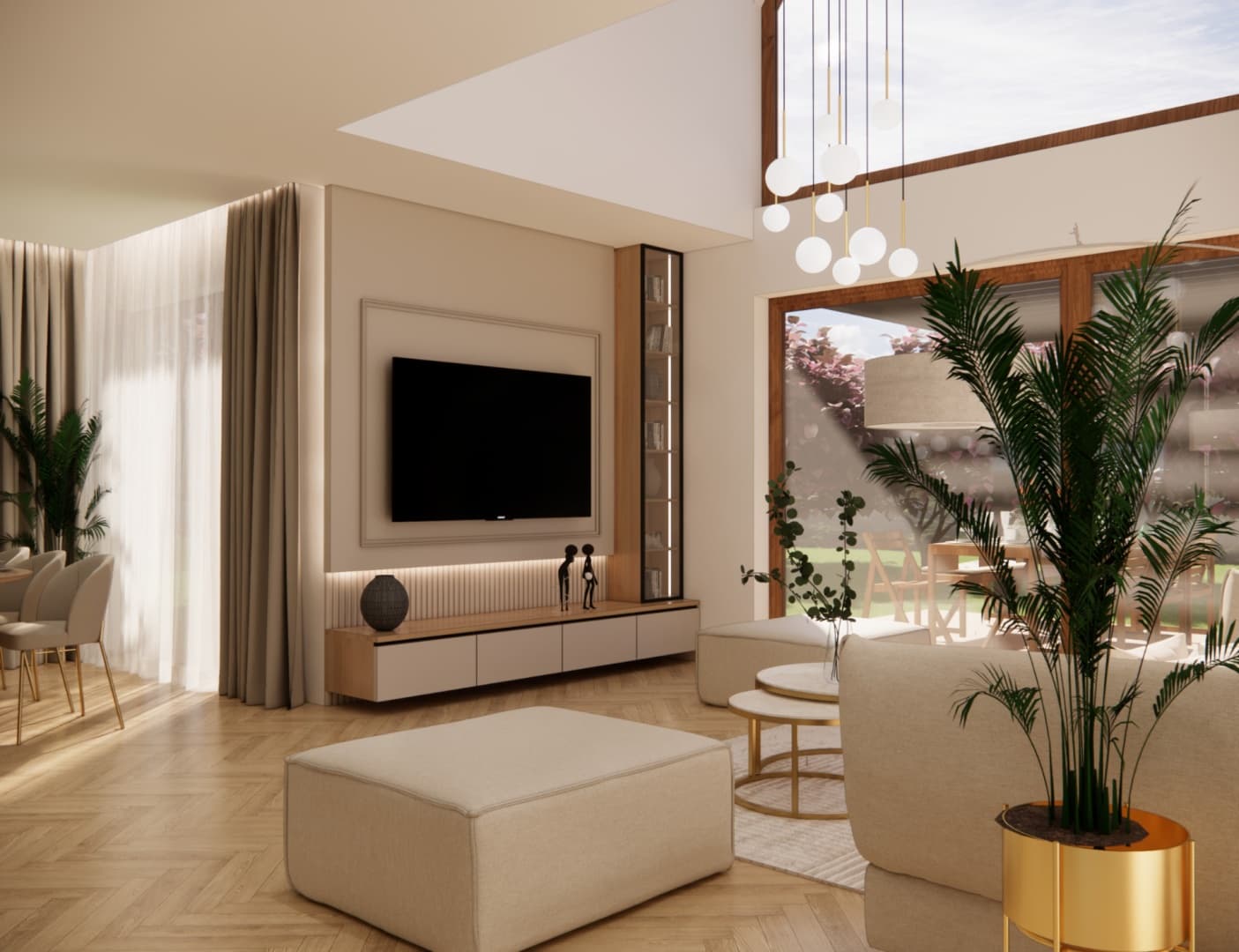 Seating area with a TV wall, custom RTV built-in and a soft sofa in a beige living room.