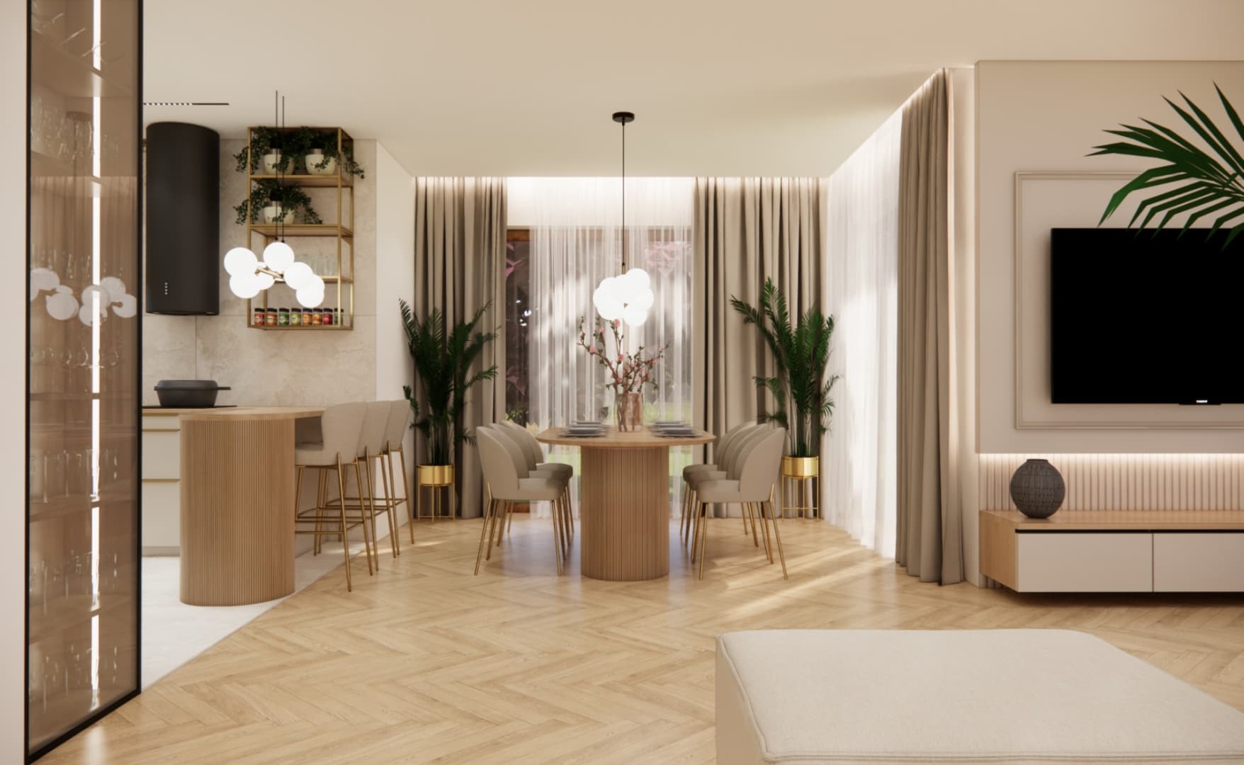Dining area in beige tones with a round table and gold details.