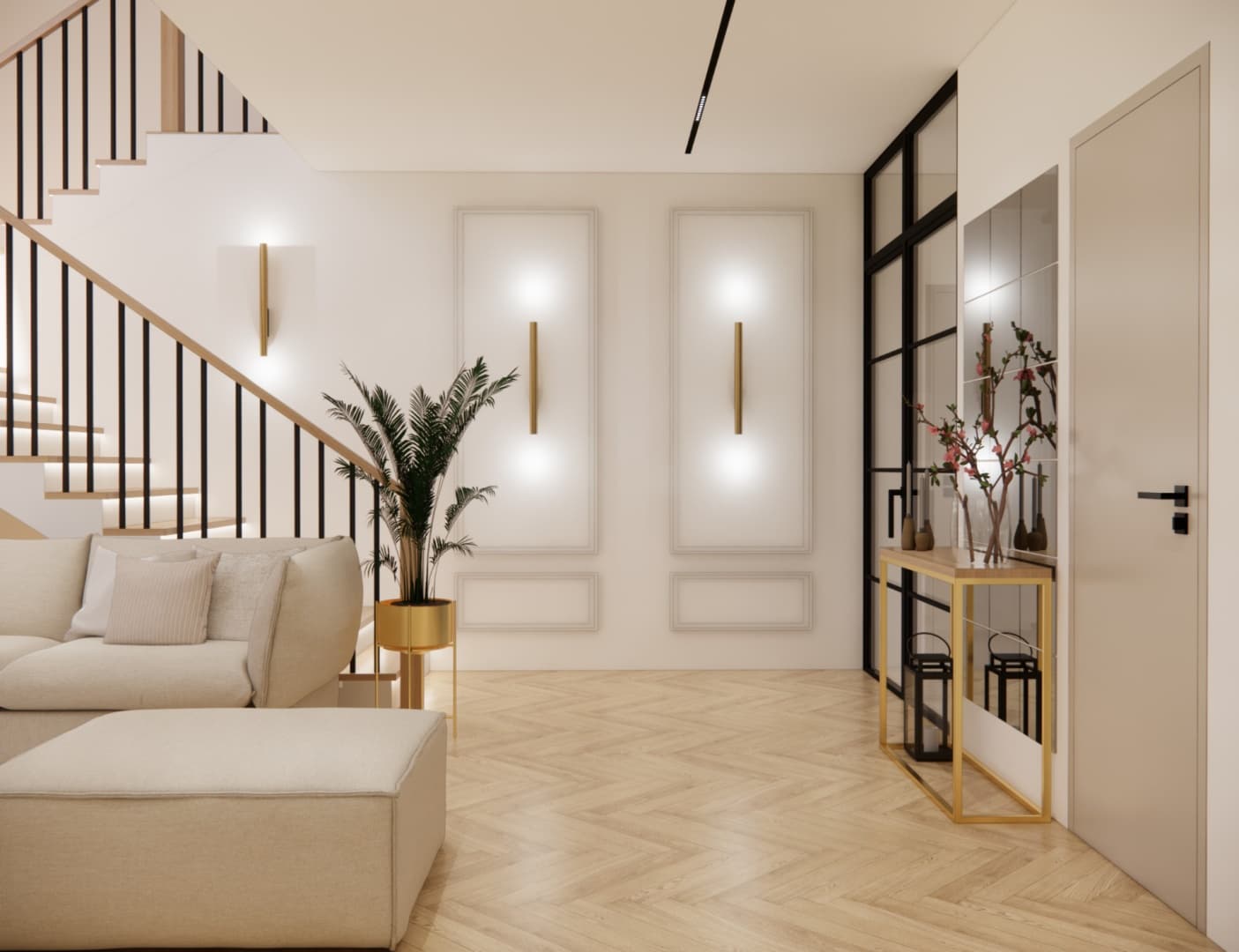 Modern hallway with a console table, gold lighting accents and light wall panels.
