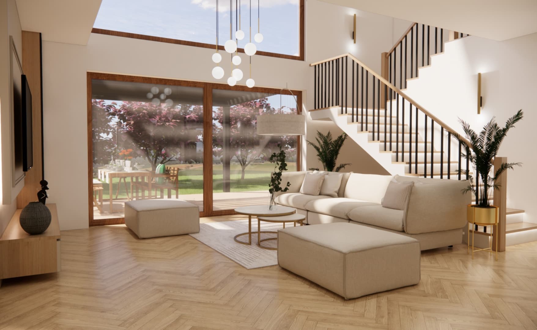 Large, bright living room with a garden view, a beige sofa and a wooden floor.