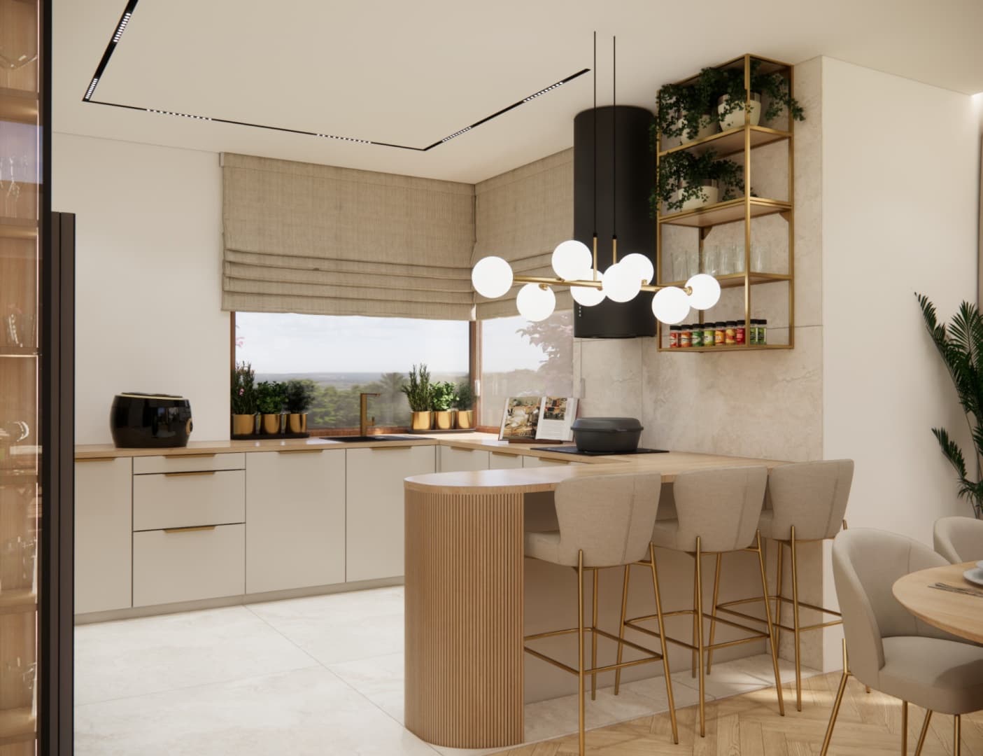 Modern kitchen with a peninsula, gold accents and a black range hood.