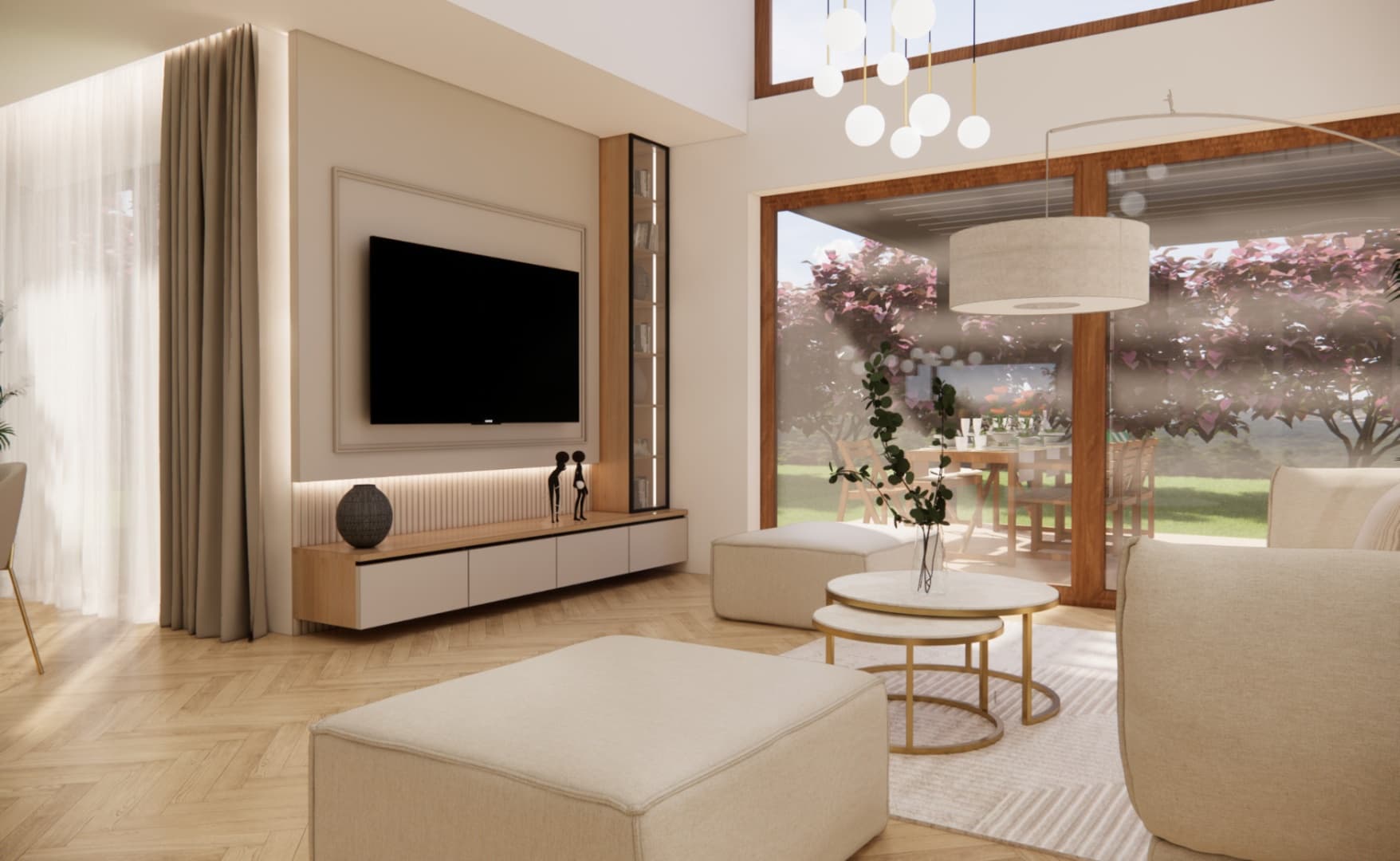 TV area with LED backlighting and a modern custom RTV built-in.
