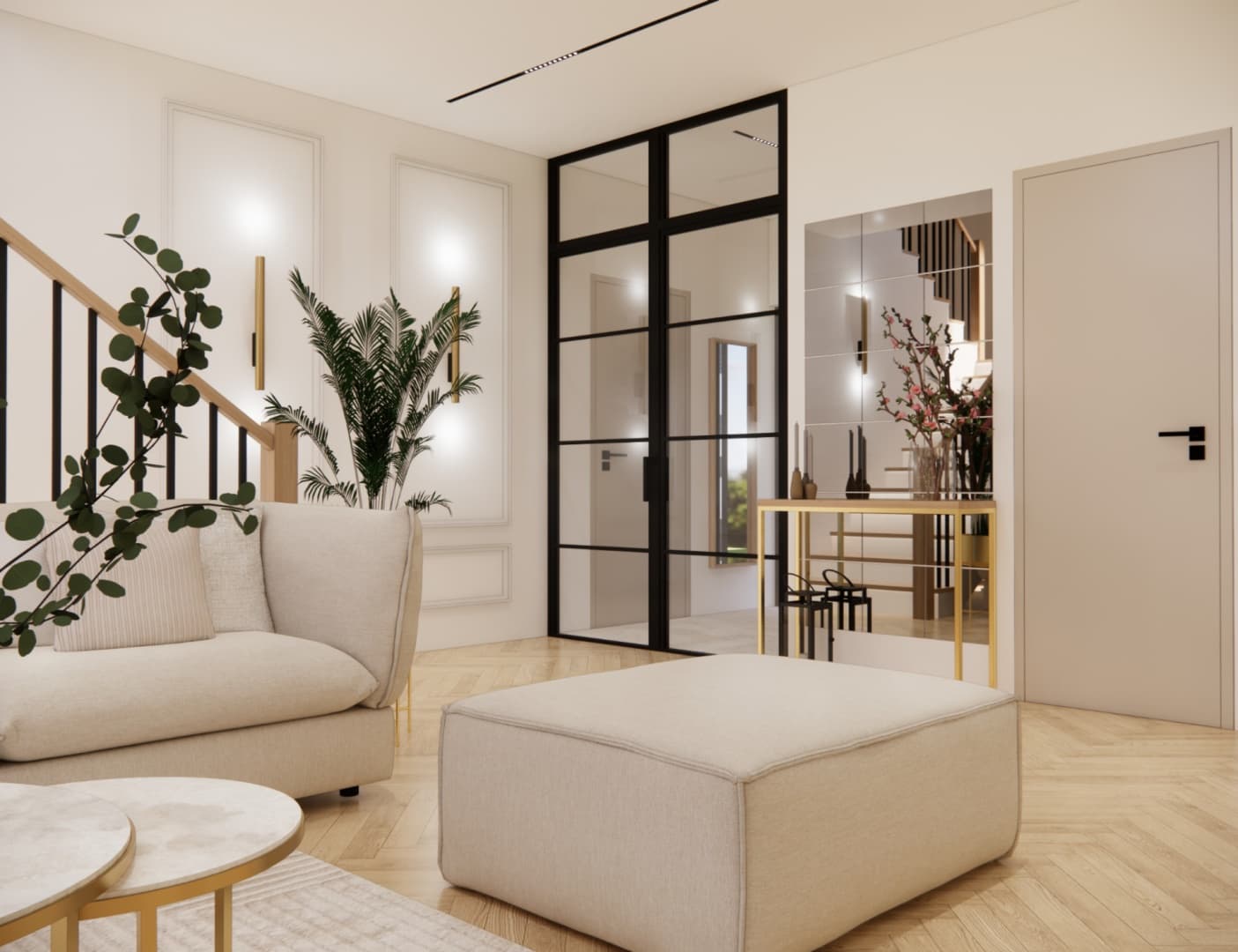 Glass entry to the living room with black frames and beige furnishings.