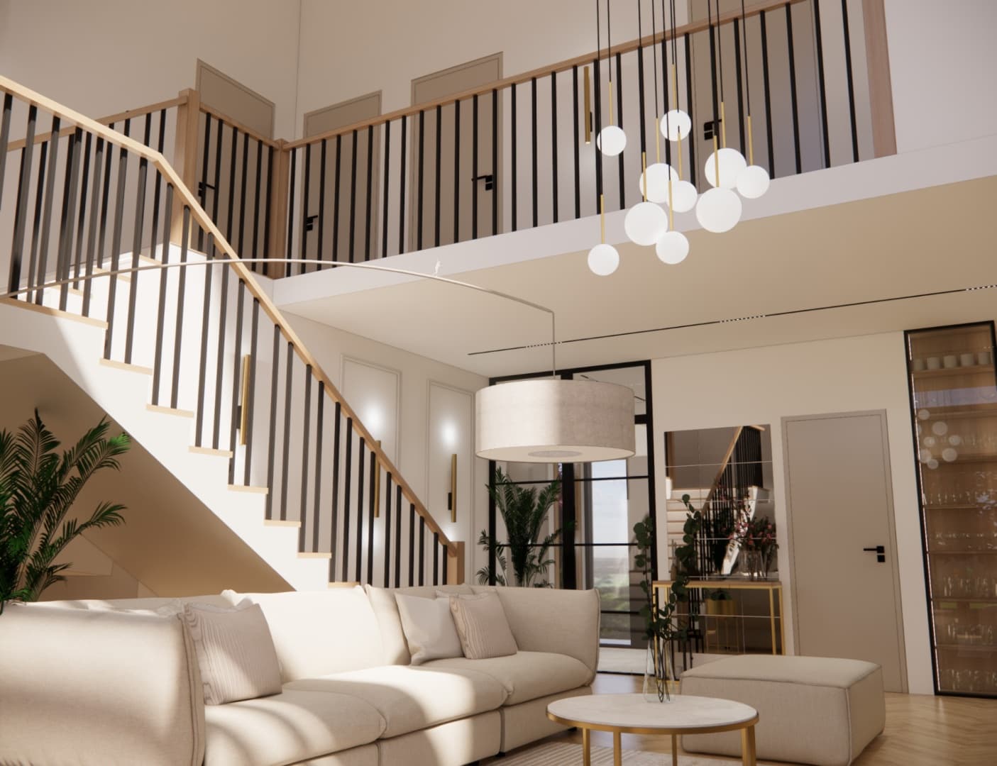 Living room with a mezzanine and decorative globe lighting in a modern style.