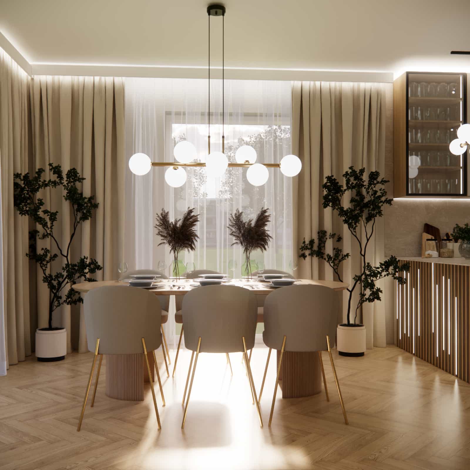 nowoczesna jadalnia z designerską lampą kule złote elementy i ciepłe oświetlenie