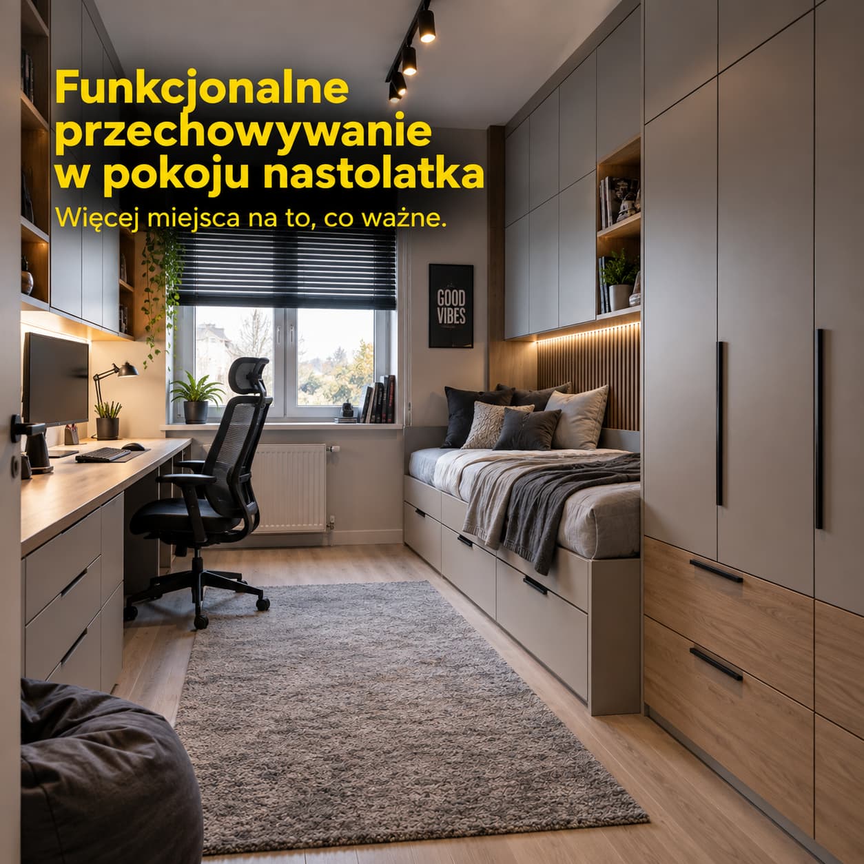 Funkcjonalne przechowywanie w pokoju nastolatka z szafą do sufitu, szufladami i zamkniętymi szafkami