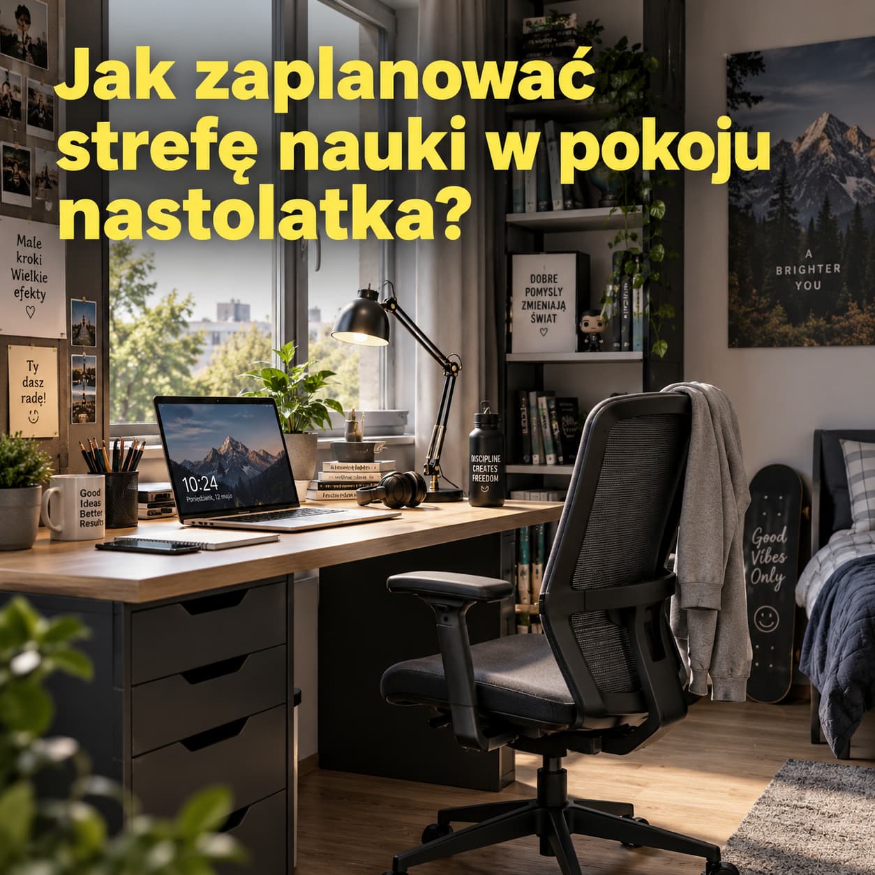 Strefa nauki w pokoju nastolatka z dużym biurkiem, ergonomicznym krzesłem i dobrym oświetleniem