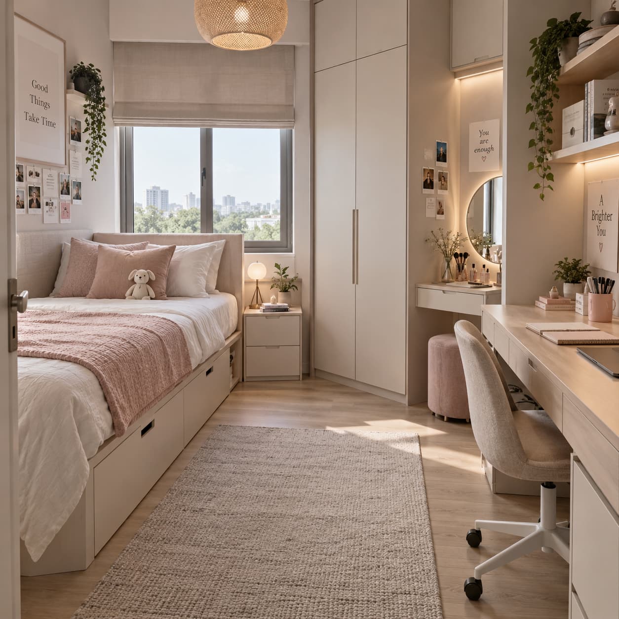 Mały pokój nastolatki 8–10 m² z łóżkiem, biurkiem, szafą i toaletką