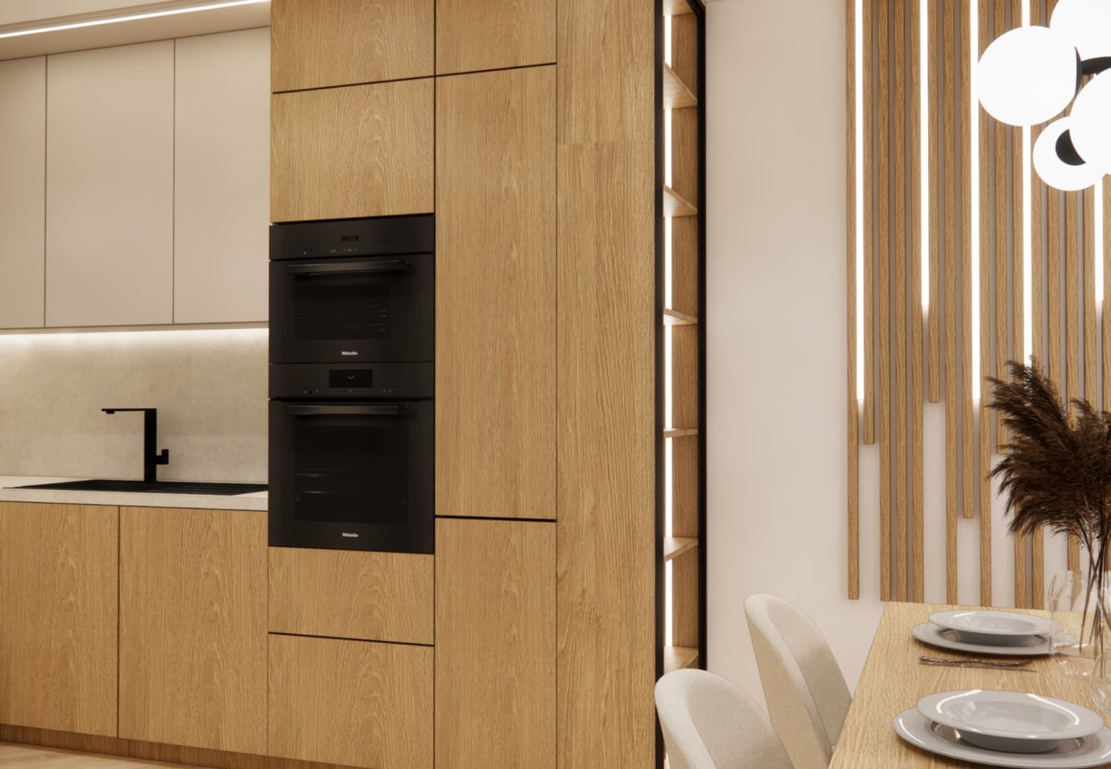 Kitchenette with oak cabinetry and matte beige fronts