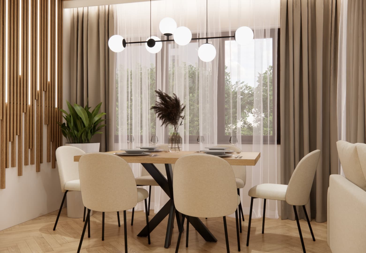 Dining area by the window with beige chairs and an oak table