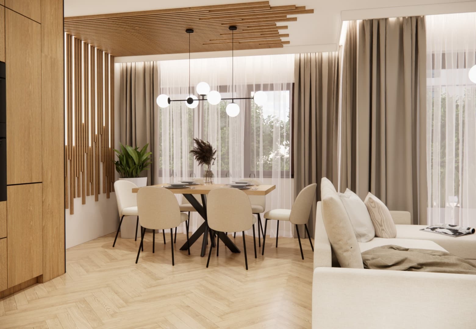 Dining area with an oak table and an openwork ceiling made of illuminated wooden slats