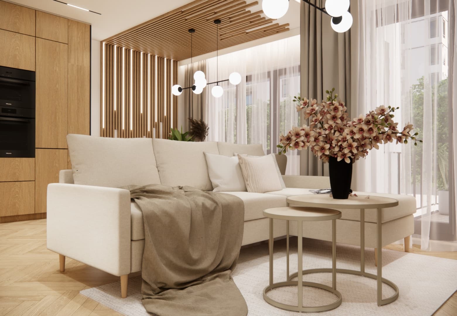 Light sectional sofa with cushions and a soft throw in a beige living room