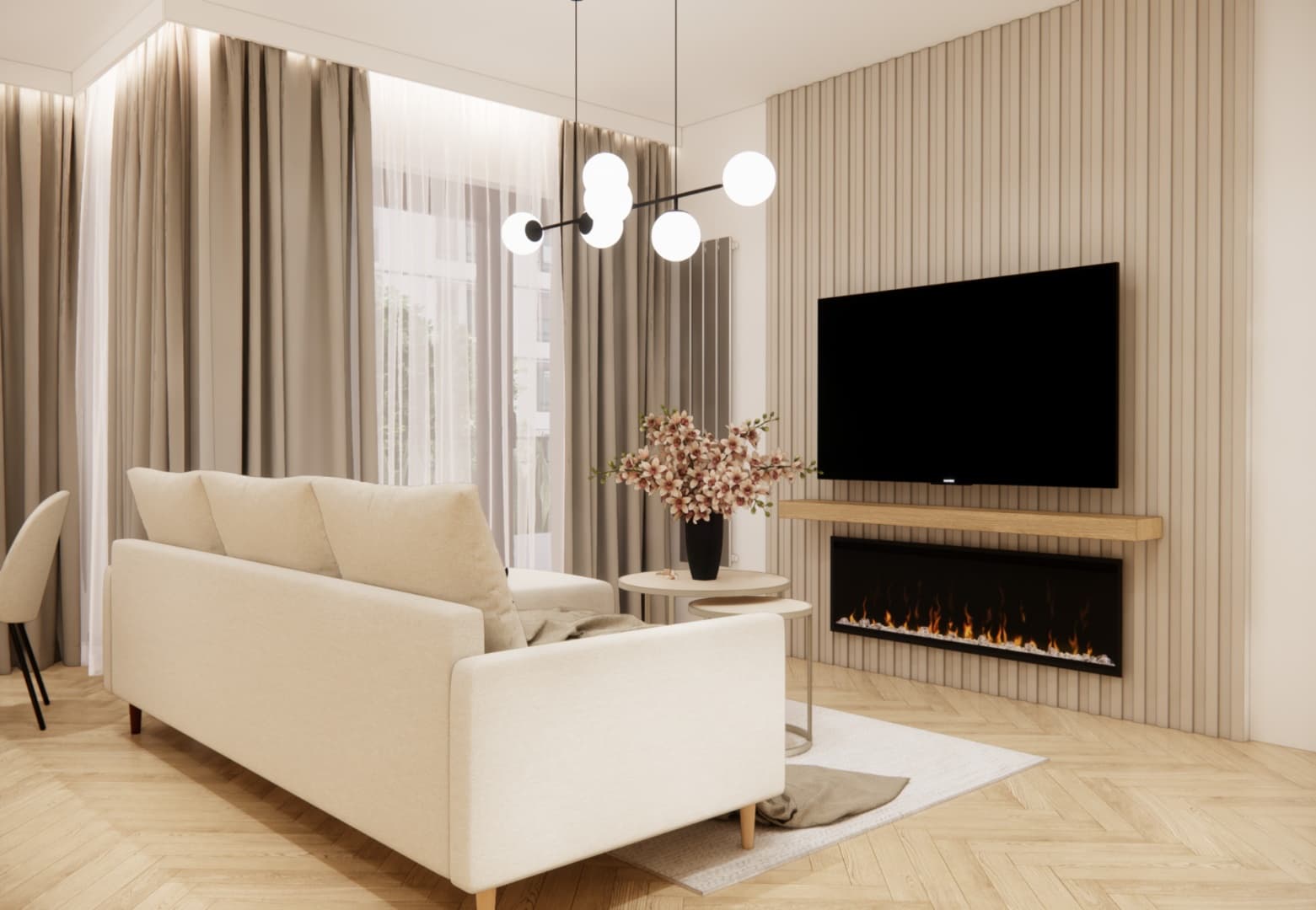 Beige living room with a slatted TV wall, wall-mounted TV, and an electric fireplace