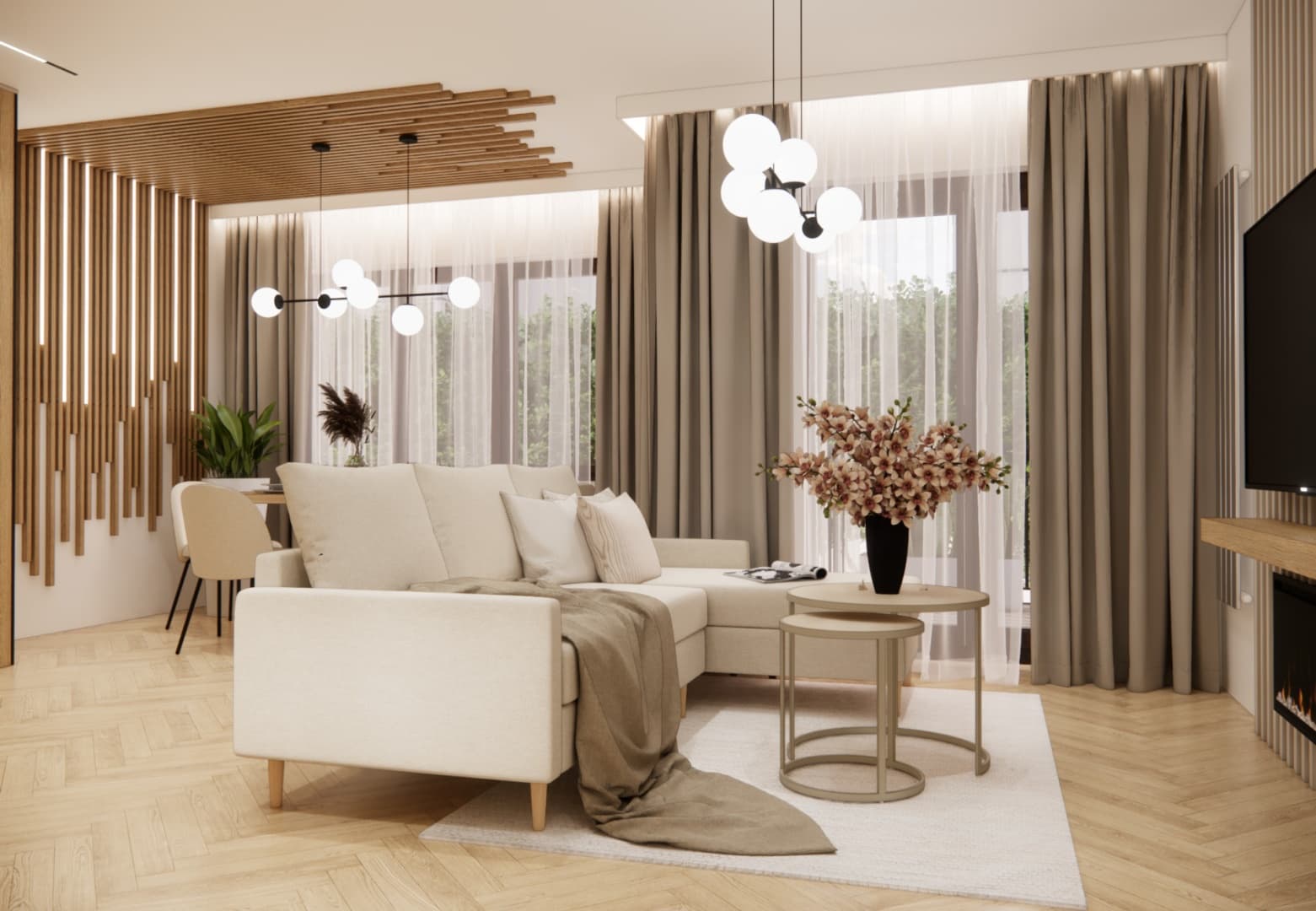 Beige living room with a sectional sofa and round coffee tables