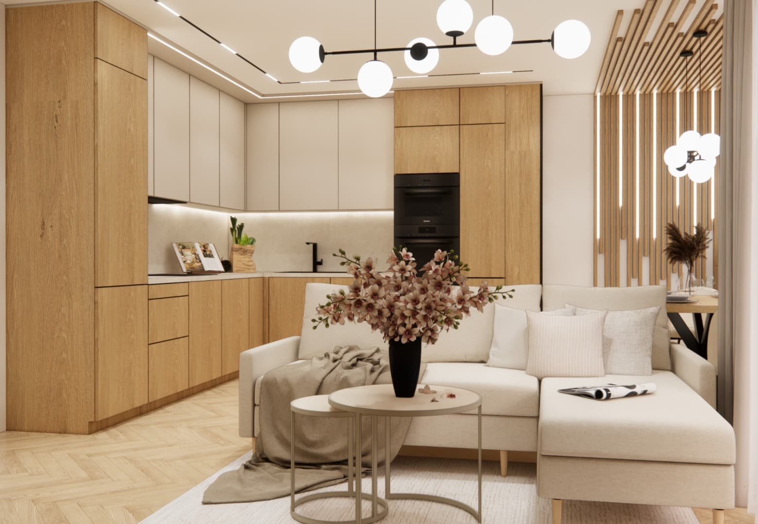 View of the living room with kitchenette and dining area in beige and natural wood