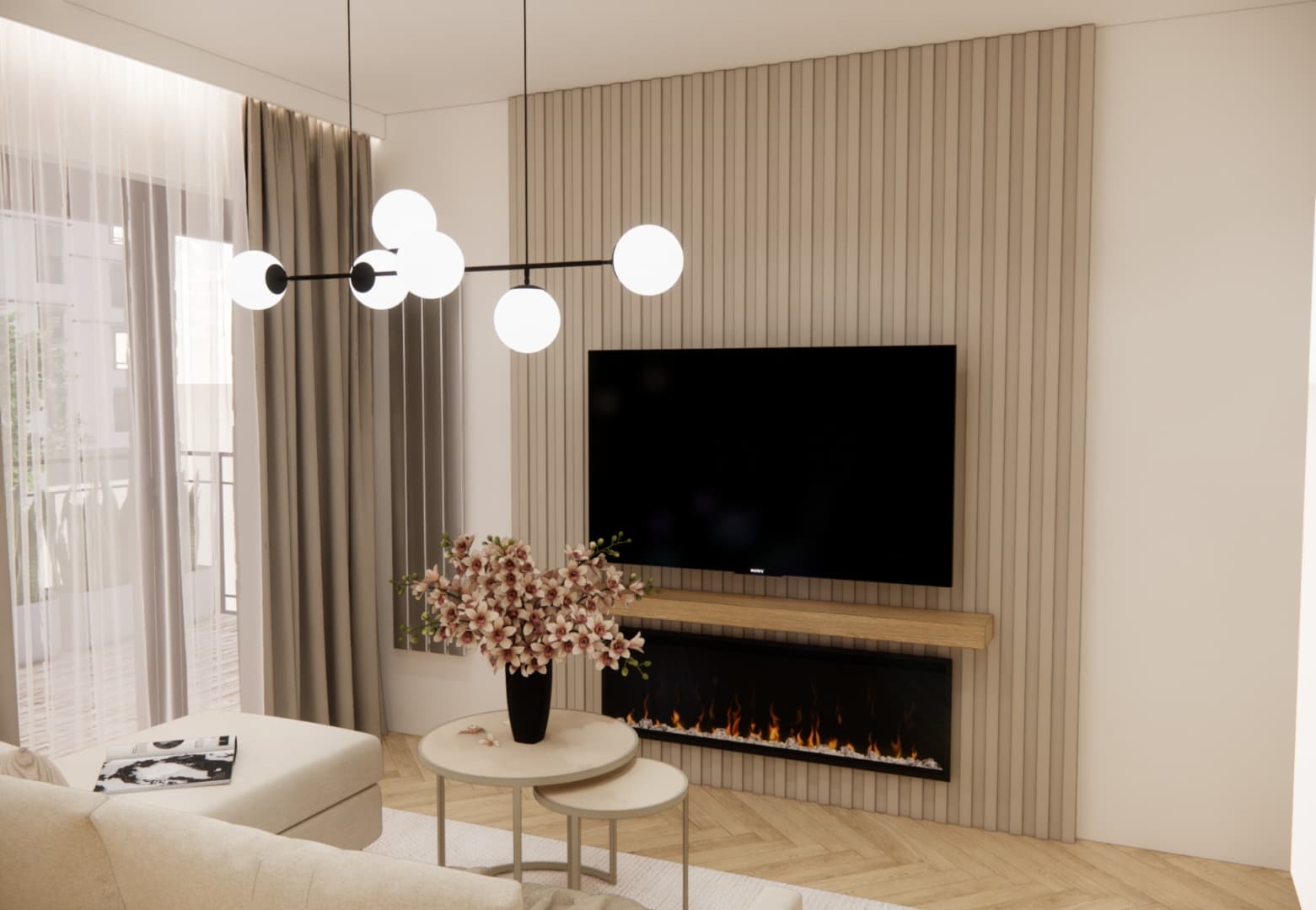 Slatted TV wall with an oak shelf and a fireplace in an elegant living room