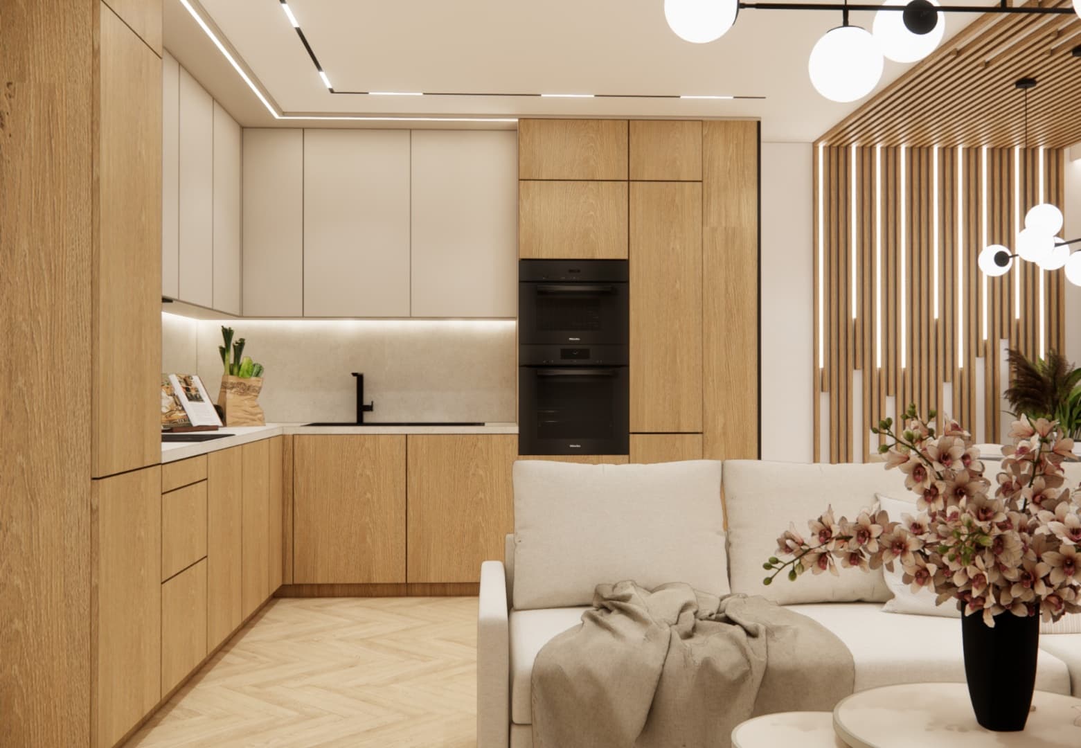 Kitchen cabinetry with an oak appliance tower and illuminated shelves