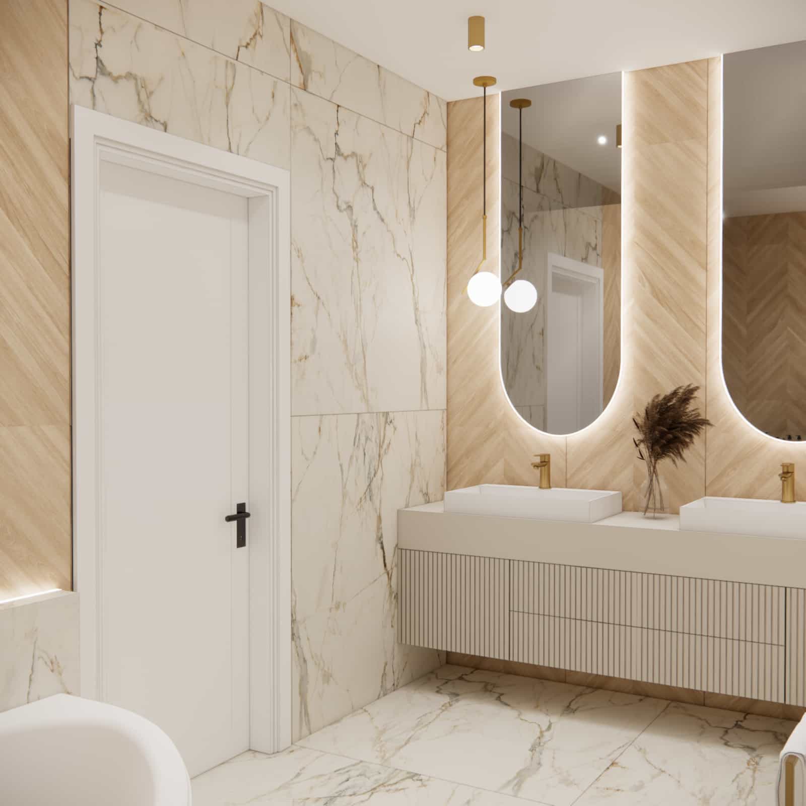 bathroom details marble wood gold accents LED lighting modern interior design