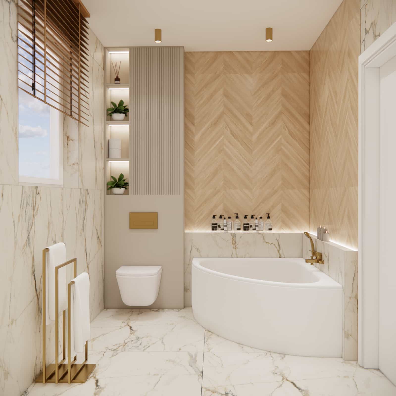 8m2 bathroom with corner bathtub marble wood LED lighting modern interior design