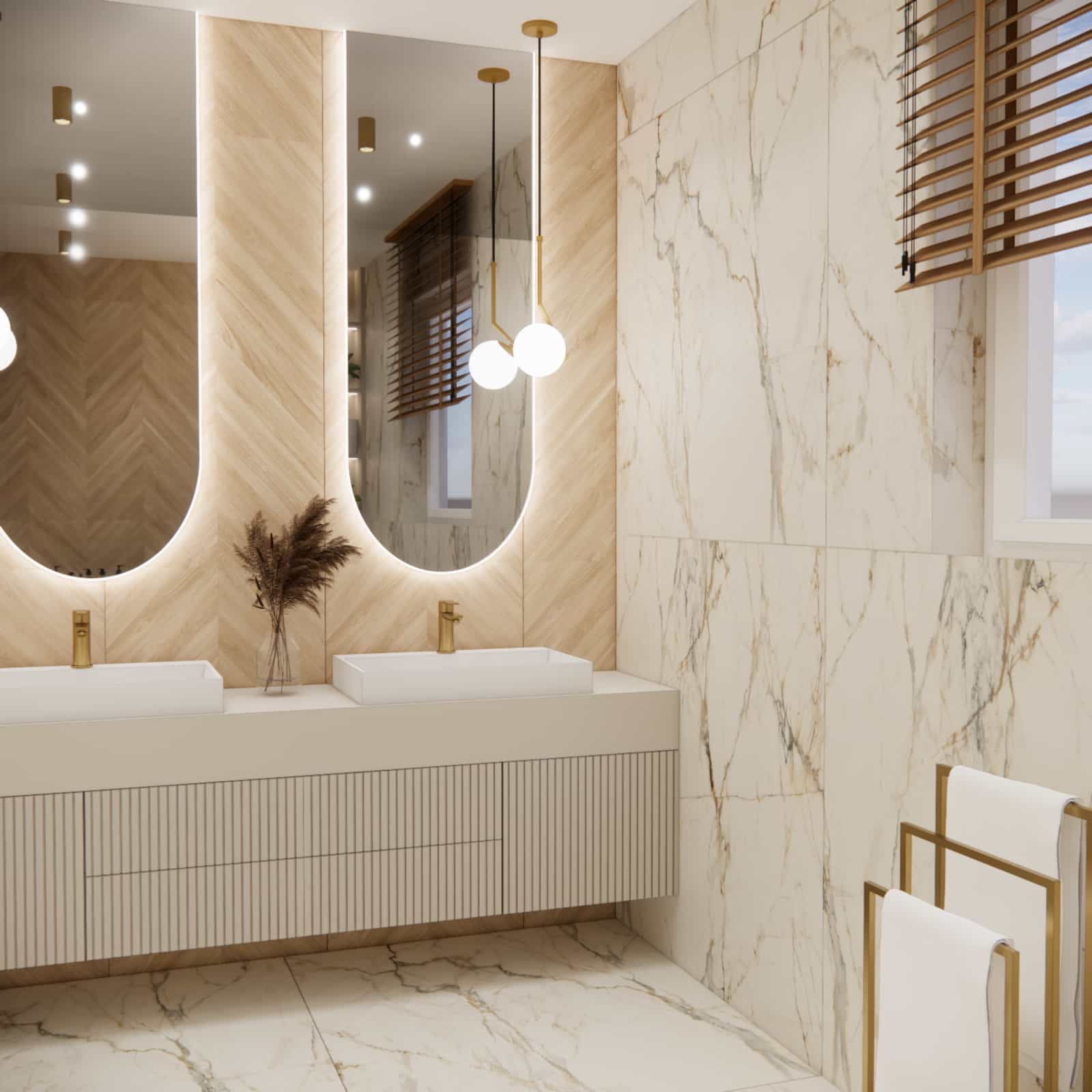 modern 8m2 bathroom with corner bathtub marble wood gold details interior design