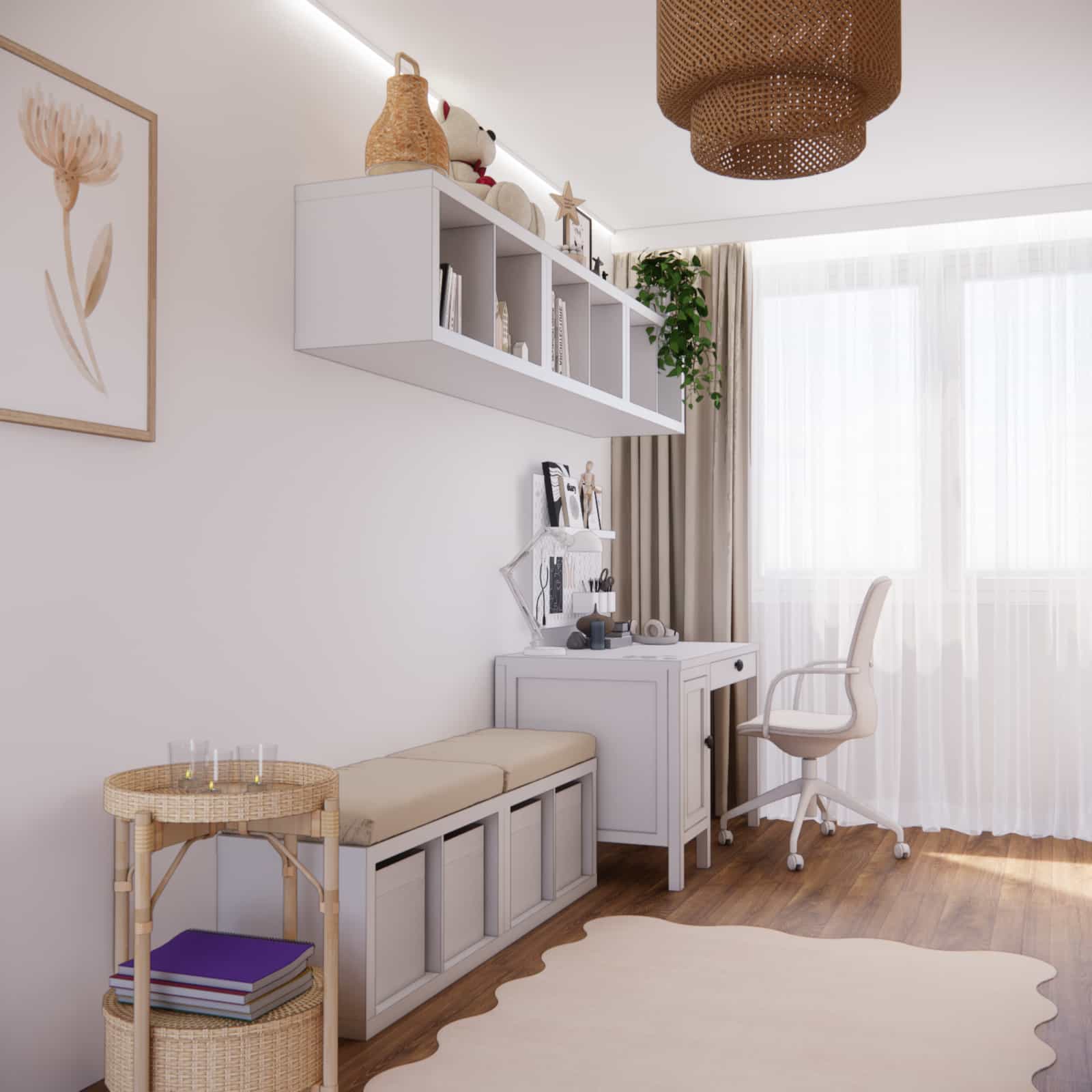 pokój dla dziewczynki 10 lat 15m2 jasna aranżacja wnętrz z meblami IKEA biurko hemnes i regały kallax