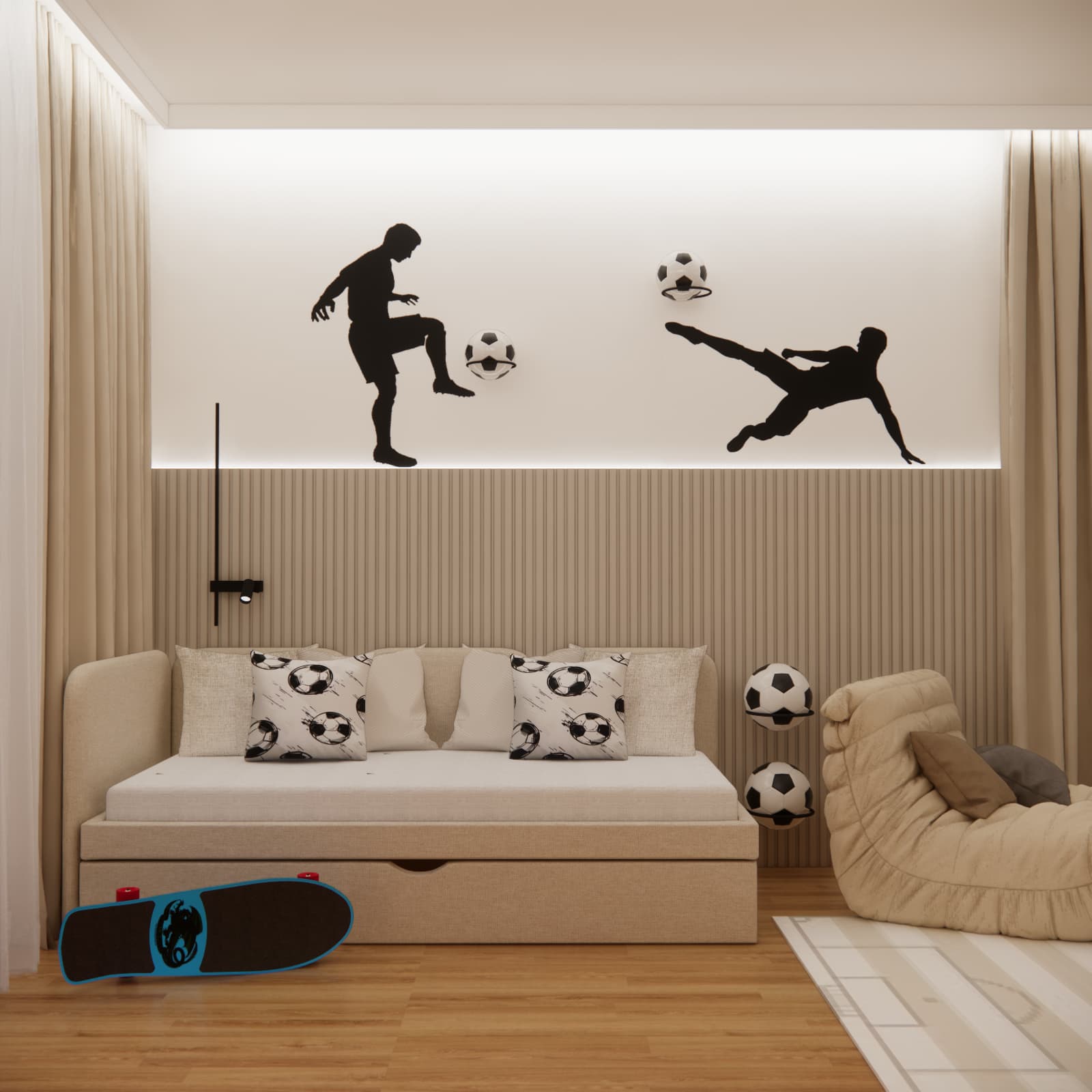 Modern boy’s room with a relaxation zone, football theme, and upholstered bed.