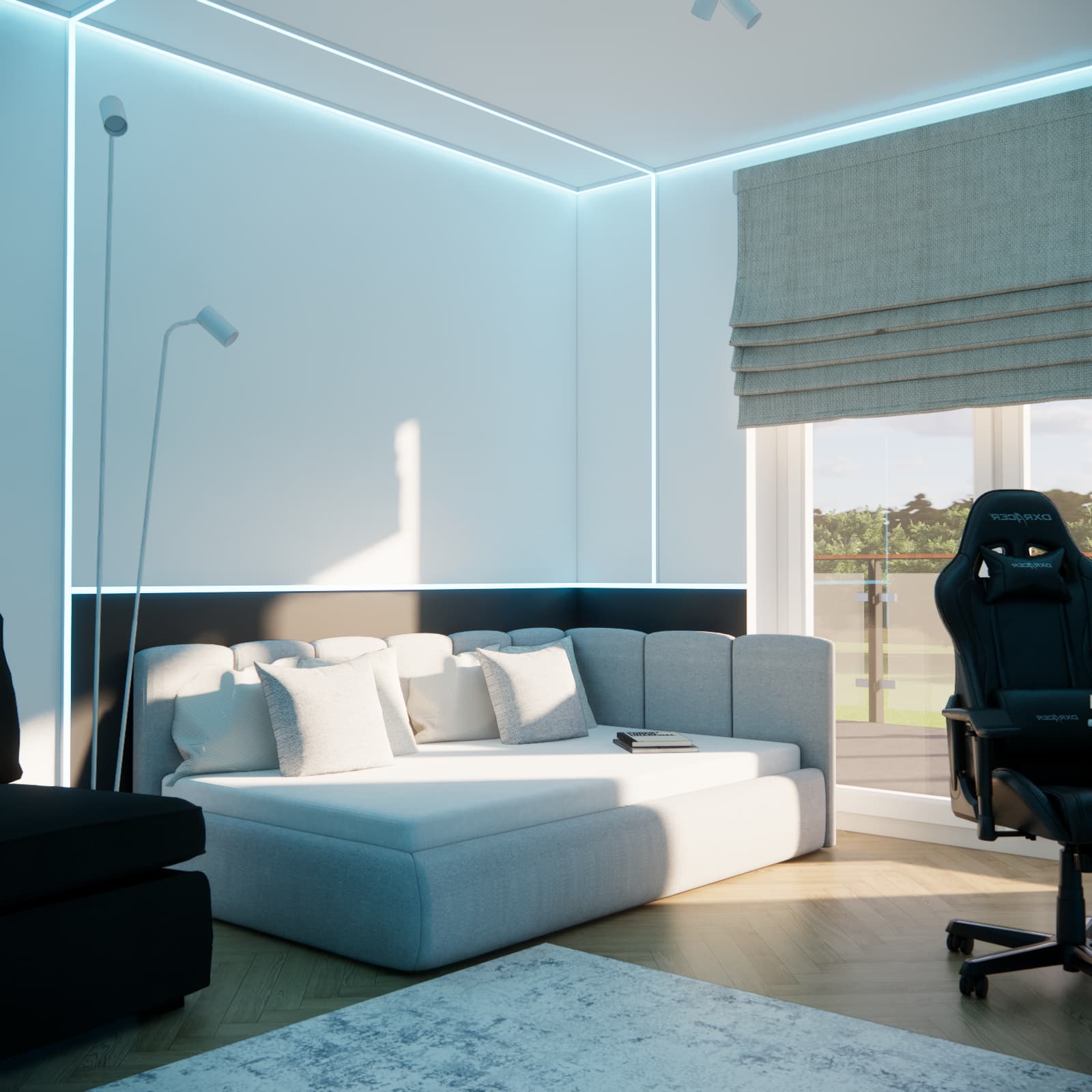 Modern child’s room with a relaxation zone, bed, and blue LED lighting.