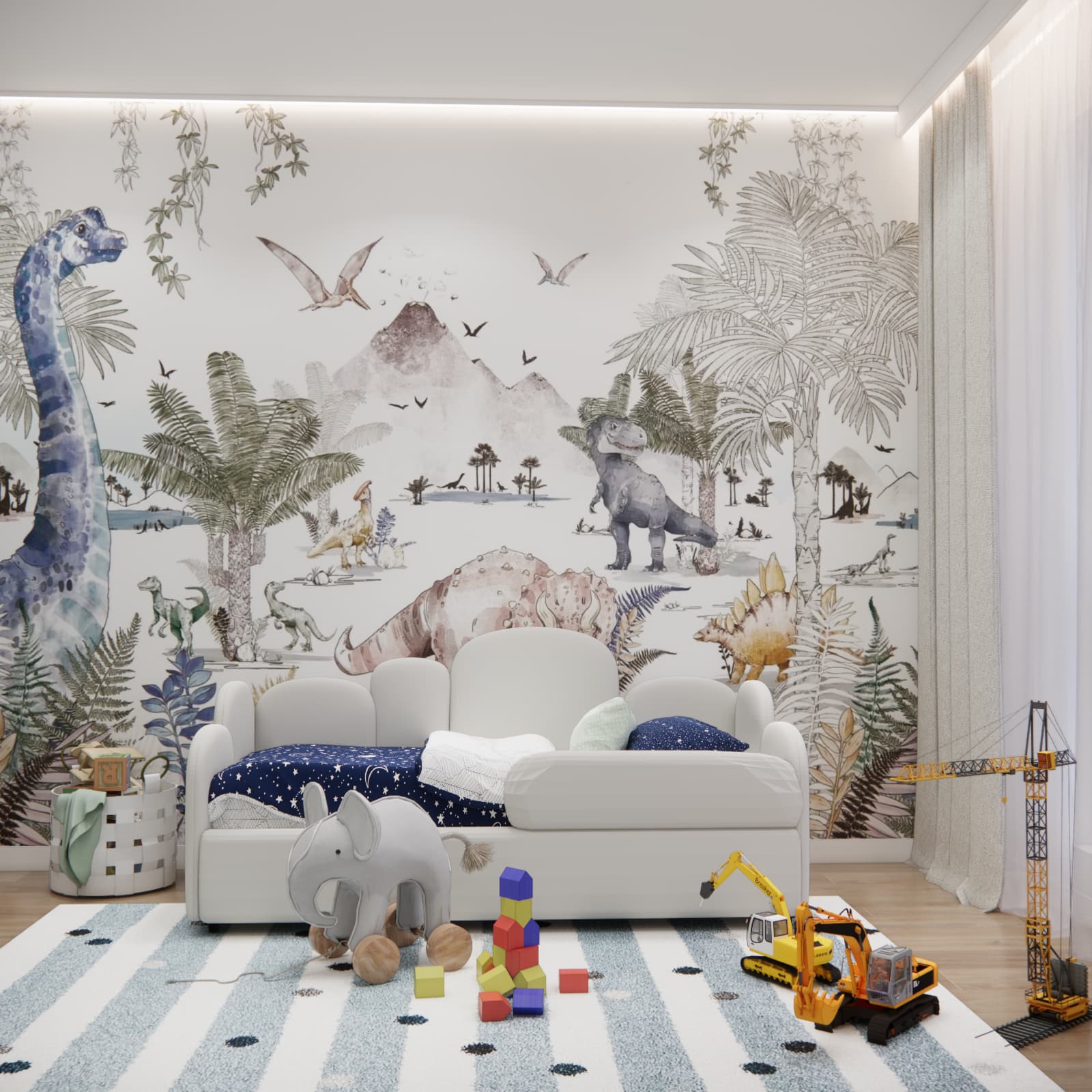 Children’s room with dinosaur wallpaper, a soft bed, and a cozy relaxation zone for a child.