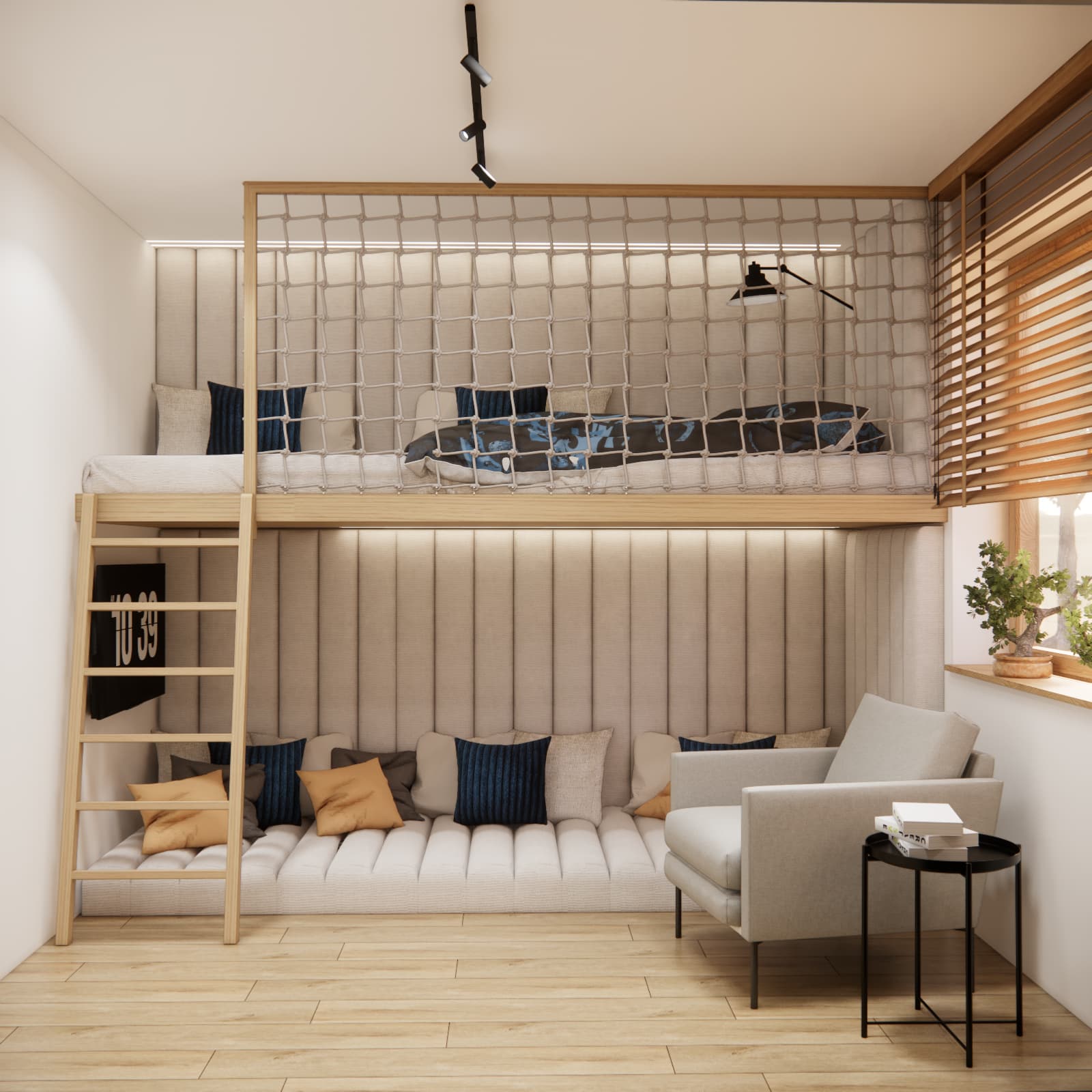 Child’s room with a mezzanine, soft relaxation zone, and functional chillout space.