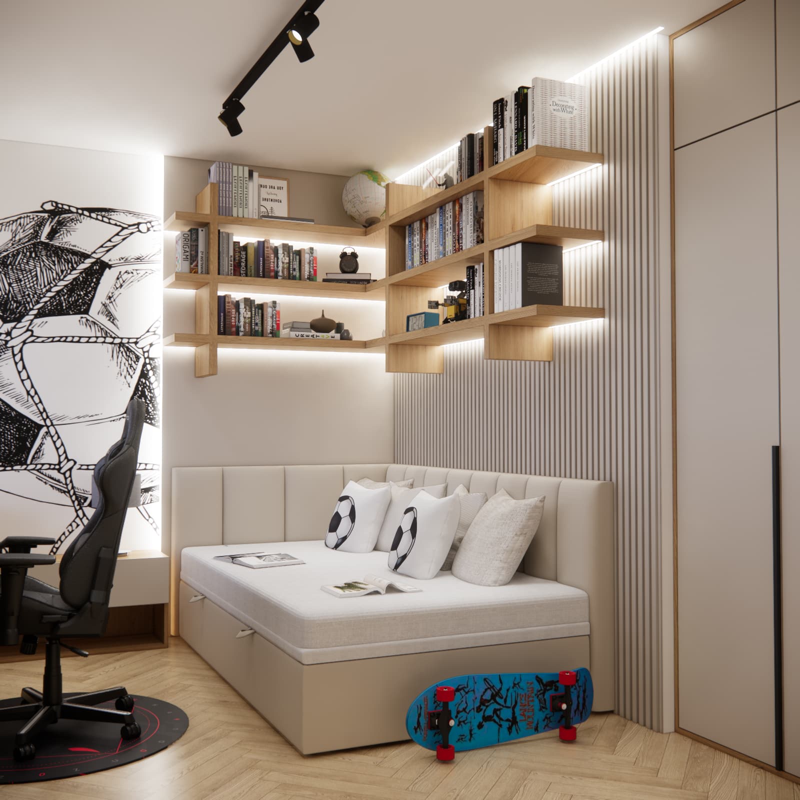 Teenager’s room with a relaxation corner, bookshelves, and an upholstered wall.
