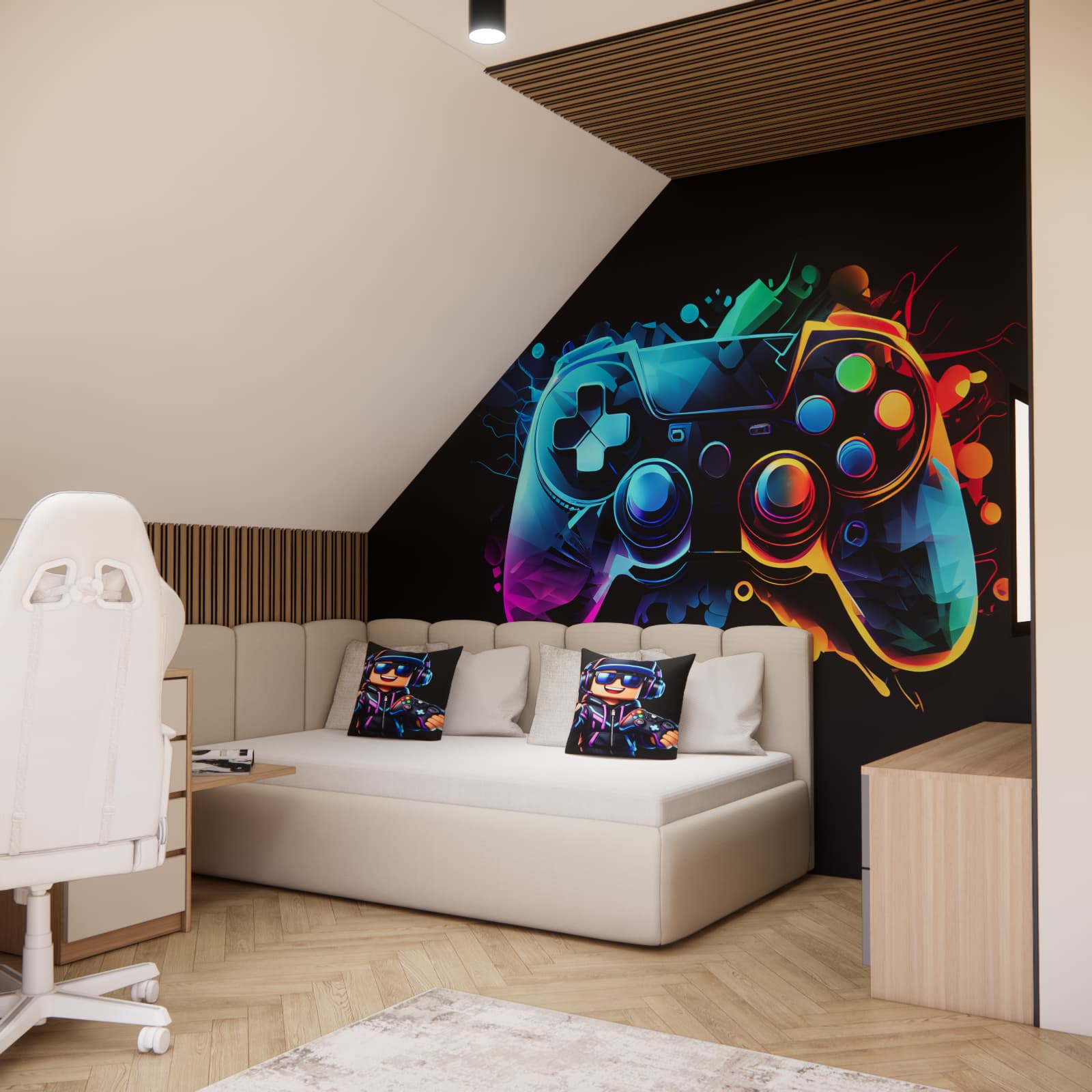 Teenager’s room design with a relaxation zone, gaming theme, and comfortable bed.