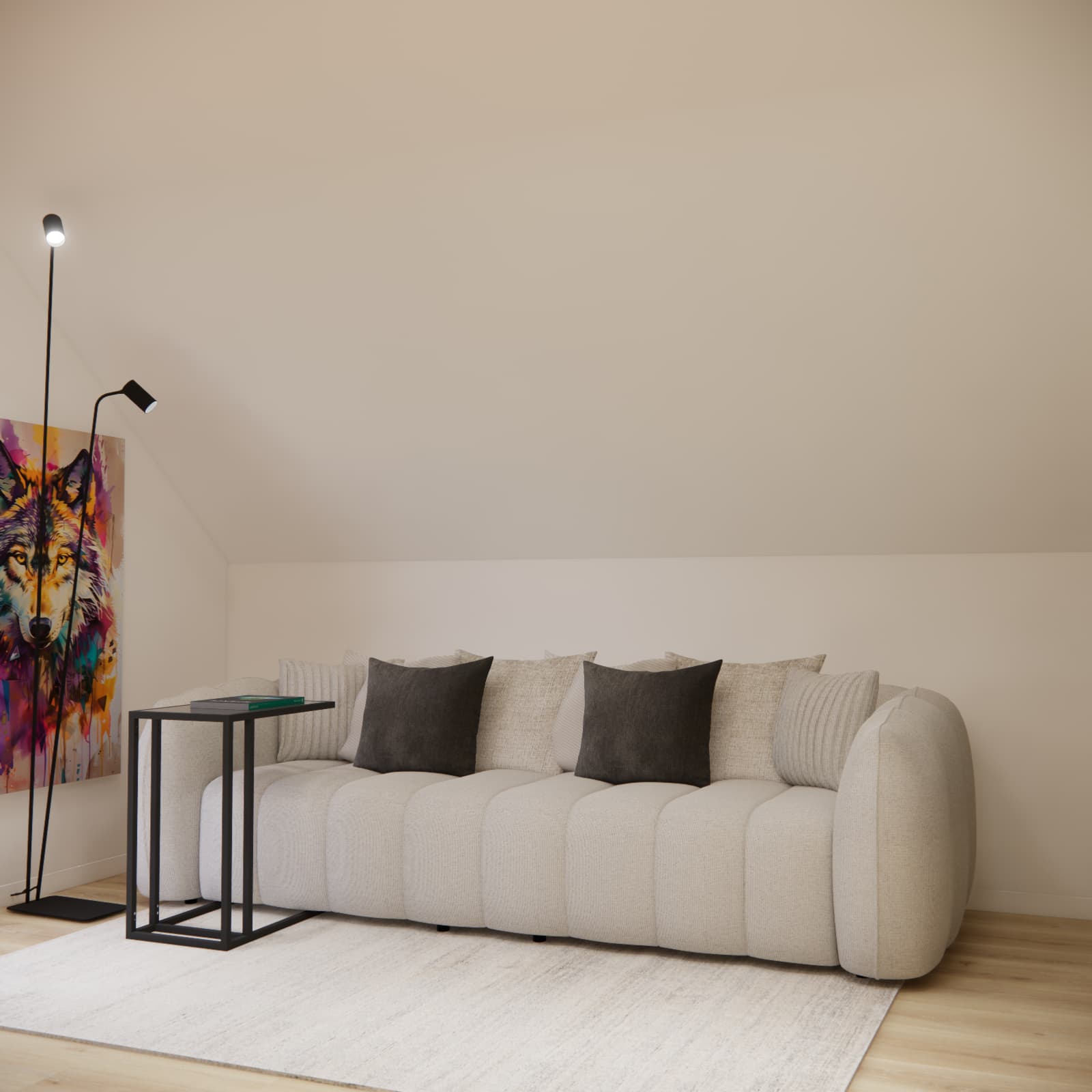 Cozy relaxation zone in a teenager’s room with a light sofa, rug, and decorative artwork.