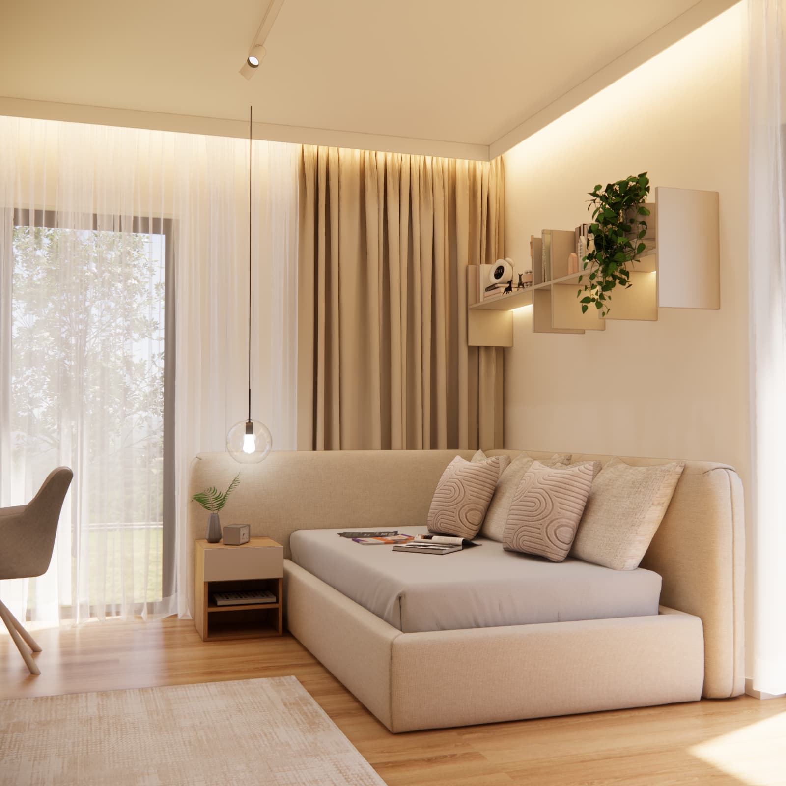 Cozy child’s room with a bright relaxation zone, large window, and soft textiles.