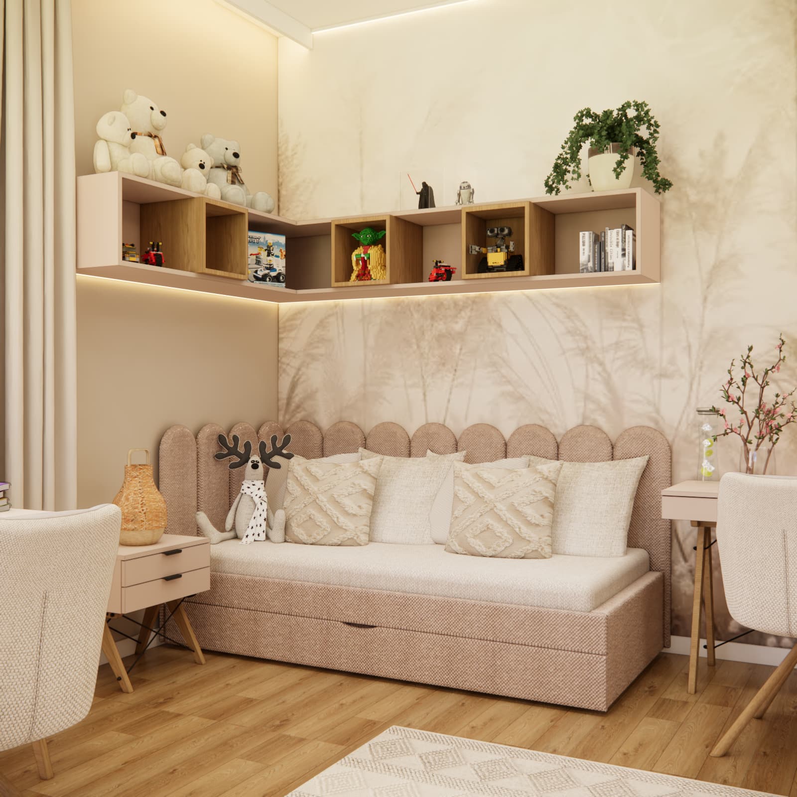 Relaxation zone in a child’s room with an upholstered bed, shelves, and warm LED lighting.