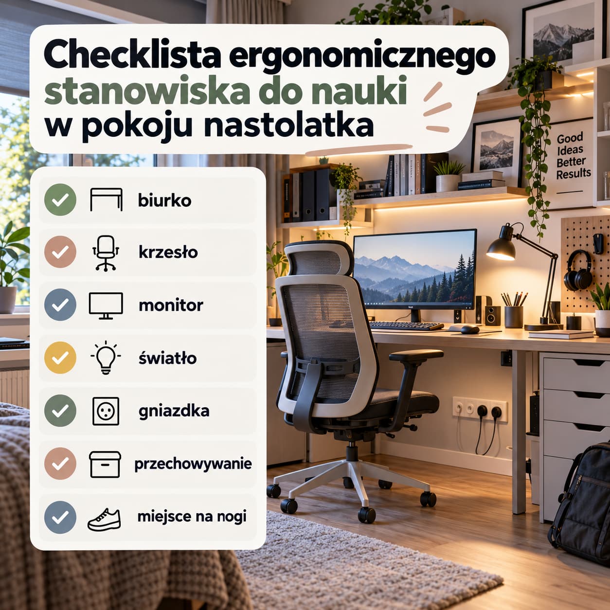 Checklista ergonomicznego stanowiska do nauki w pokoju nastolatka