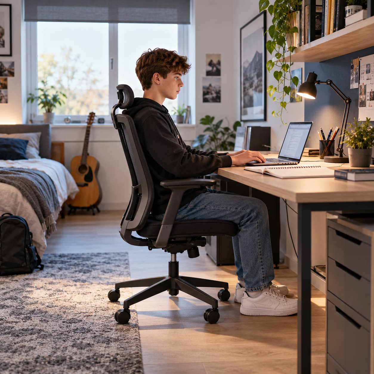 Ergonomiczne krzesło do nauki dla nastolatka prawidłowo dopasowane do biurka